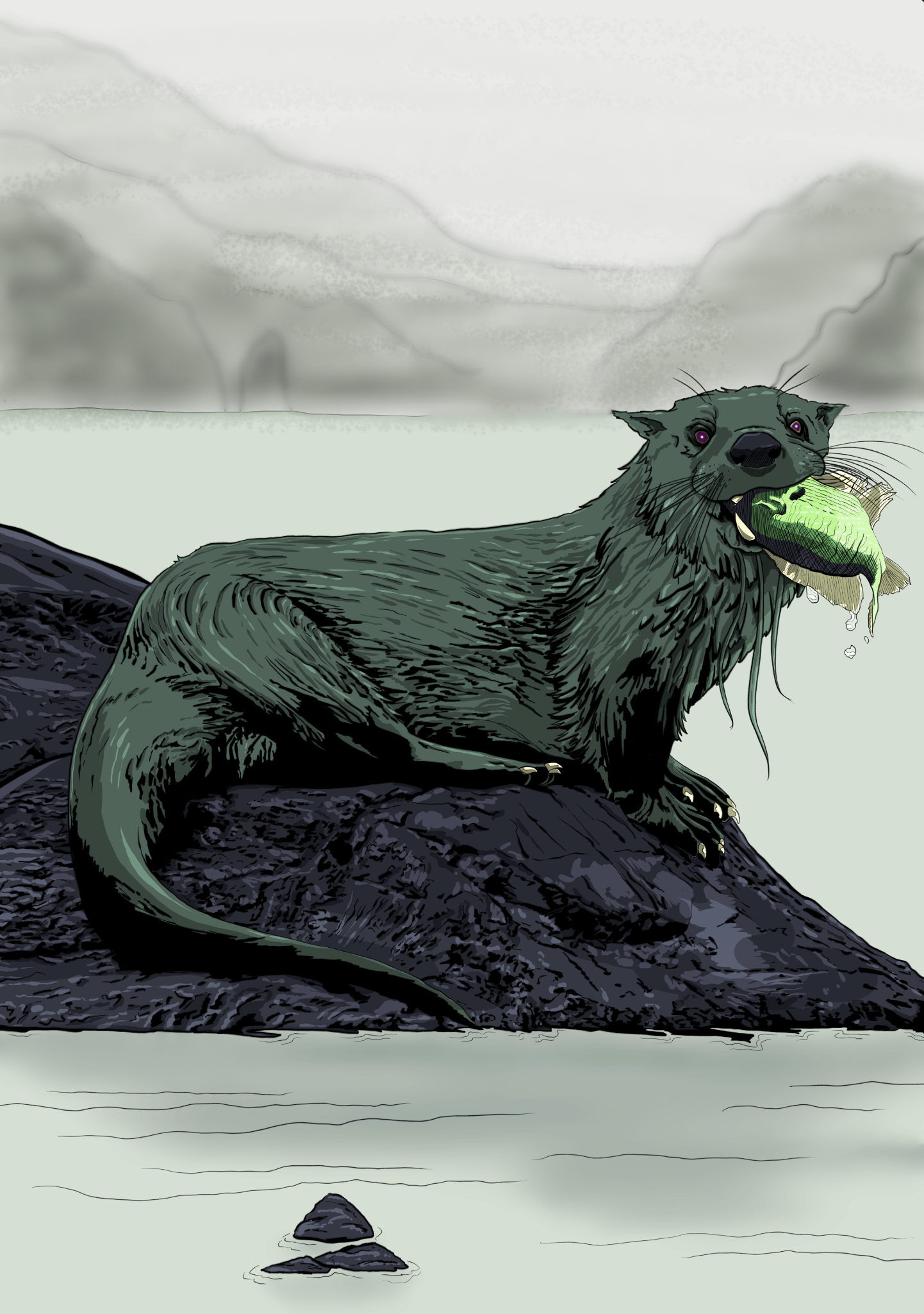 A digital illustration of a beaver sitting on a rock, holding a green fish in its mouth, with a body of water and rocks in the background.