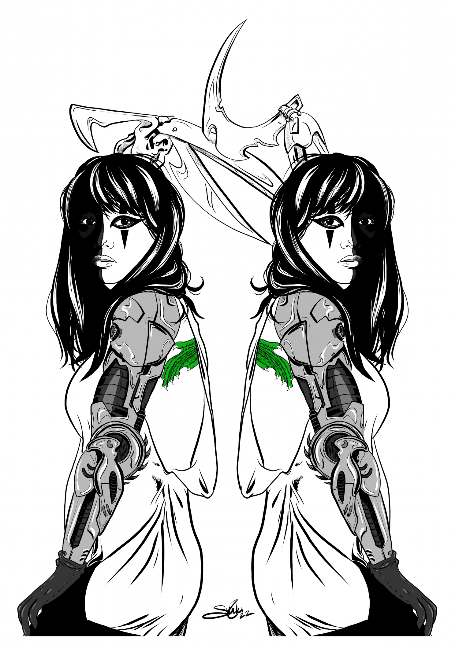Black and white digital illustration of two mirrored women with long hair, robotic arms, and tattoos, holding swords with winged skulls, with a dragon in the background.