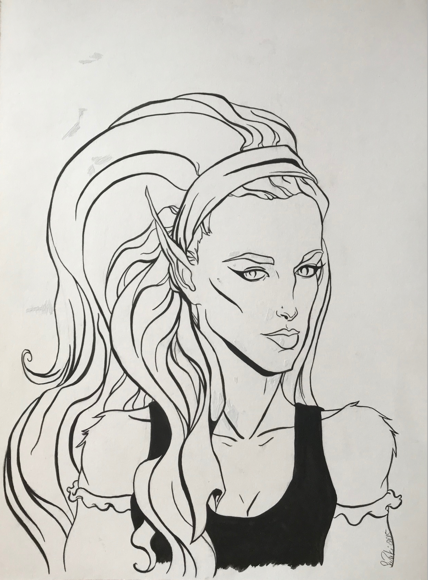 Black and white line drawing of a woman with long, flowing hair and cat-like eyes, wearing a dress with a fur collar.