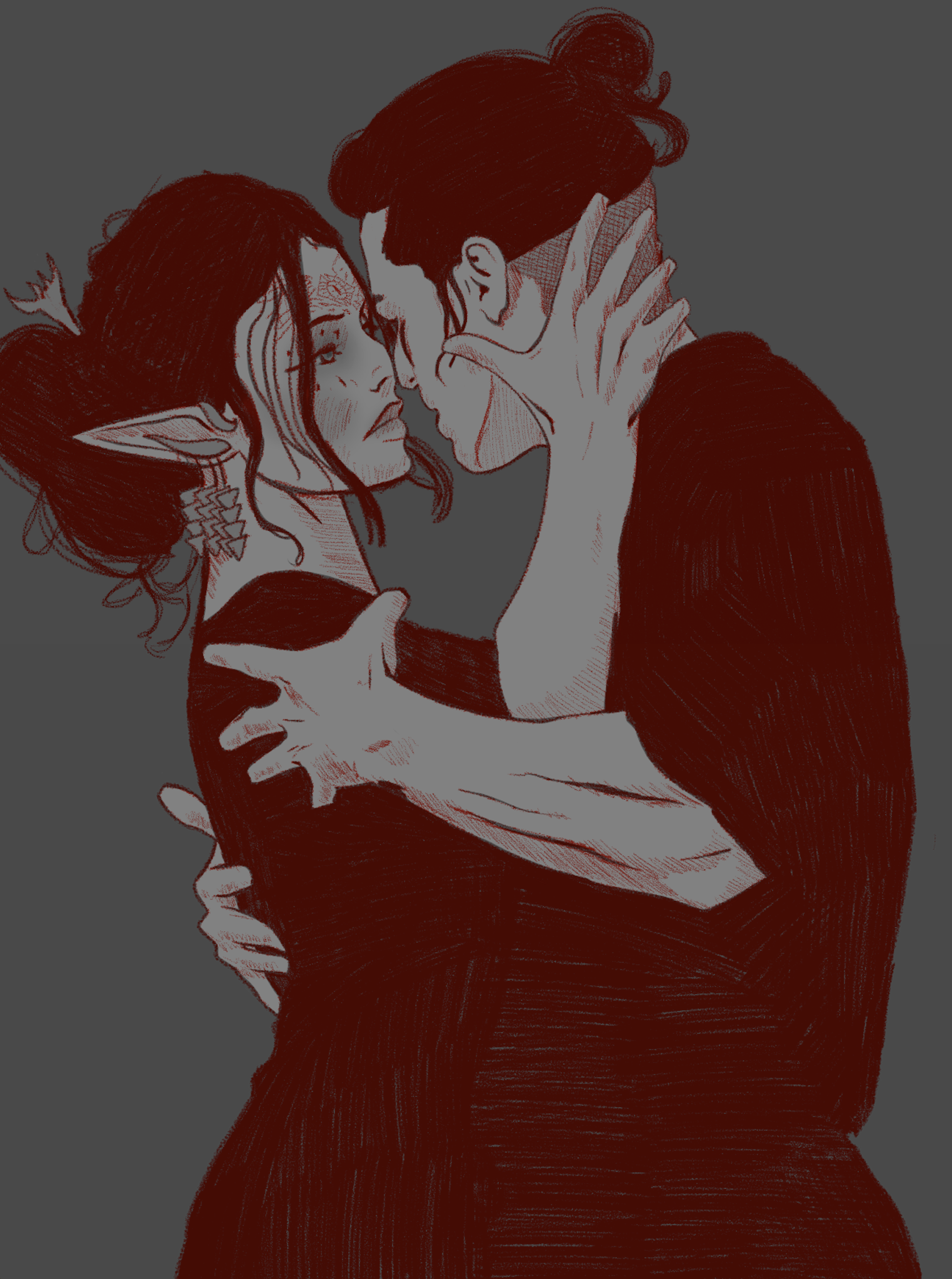 An illustration of an elf and a human in an intimate moment, facing each other closely with the elf's hand on the human's face, against a gray background.