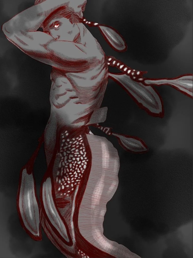 Digital artwork of a mermaid with human upper body and fish tail, featuring detailed scales and fish fins, set against a dark background.
