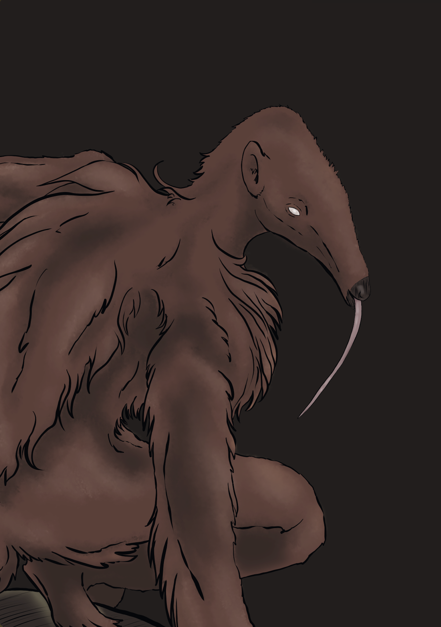 Digital illustration of a mythical creature with the body of a lion and the head of a bird, featuring a long, thin tongue extending from its beak and glowing white eyes, set against a black background.