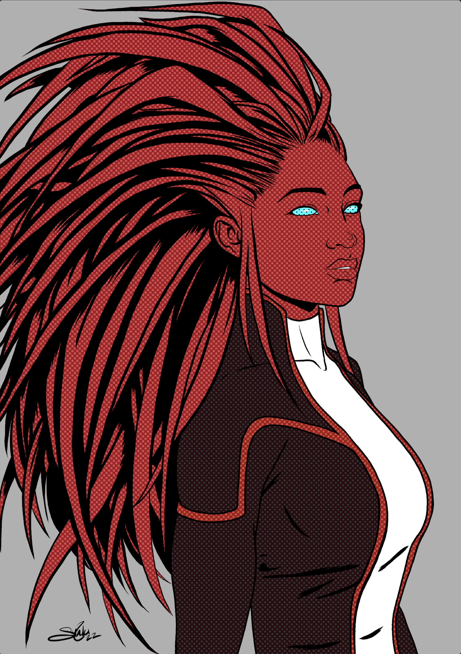 An illustrated woman with long red and black hair flowing to the side, wearing a black jacket over a white shirt, against a gray background, with vivid blue eyes.