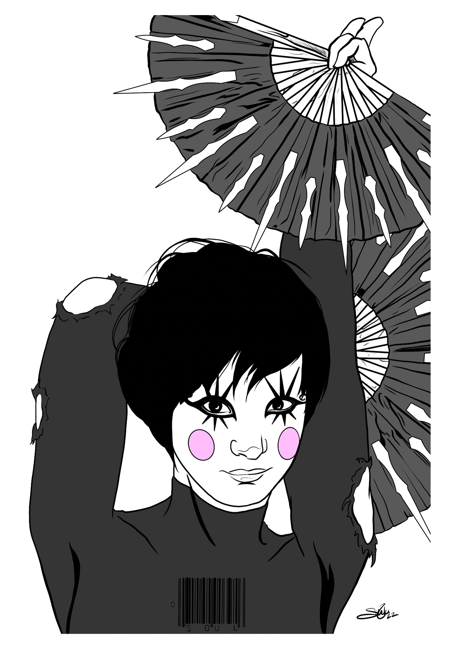 Black and white illustration of a woman with short hair, wearing makeup with pink cheeks, holding a fan behind her head. The fan is decorated with large, sharp spikes and intricate patterns. The woman is dressed in a dark top and has a barcode on her