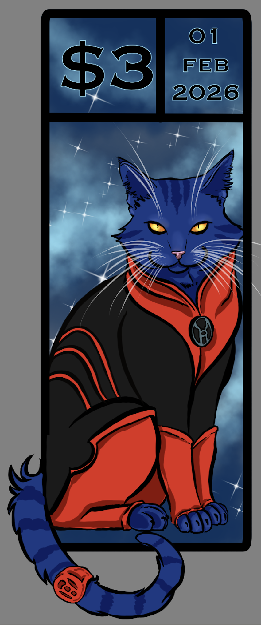 An animated blue cat wearing a black and red superhero costume with a skull emblem, sitting in front of a starry sky background, with the top left showing a $3 price and February 1, 2026.