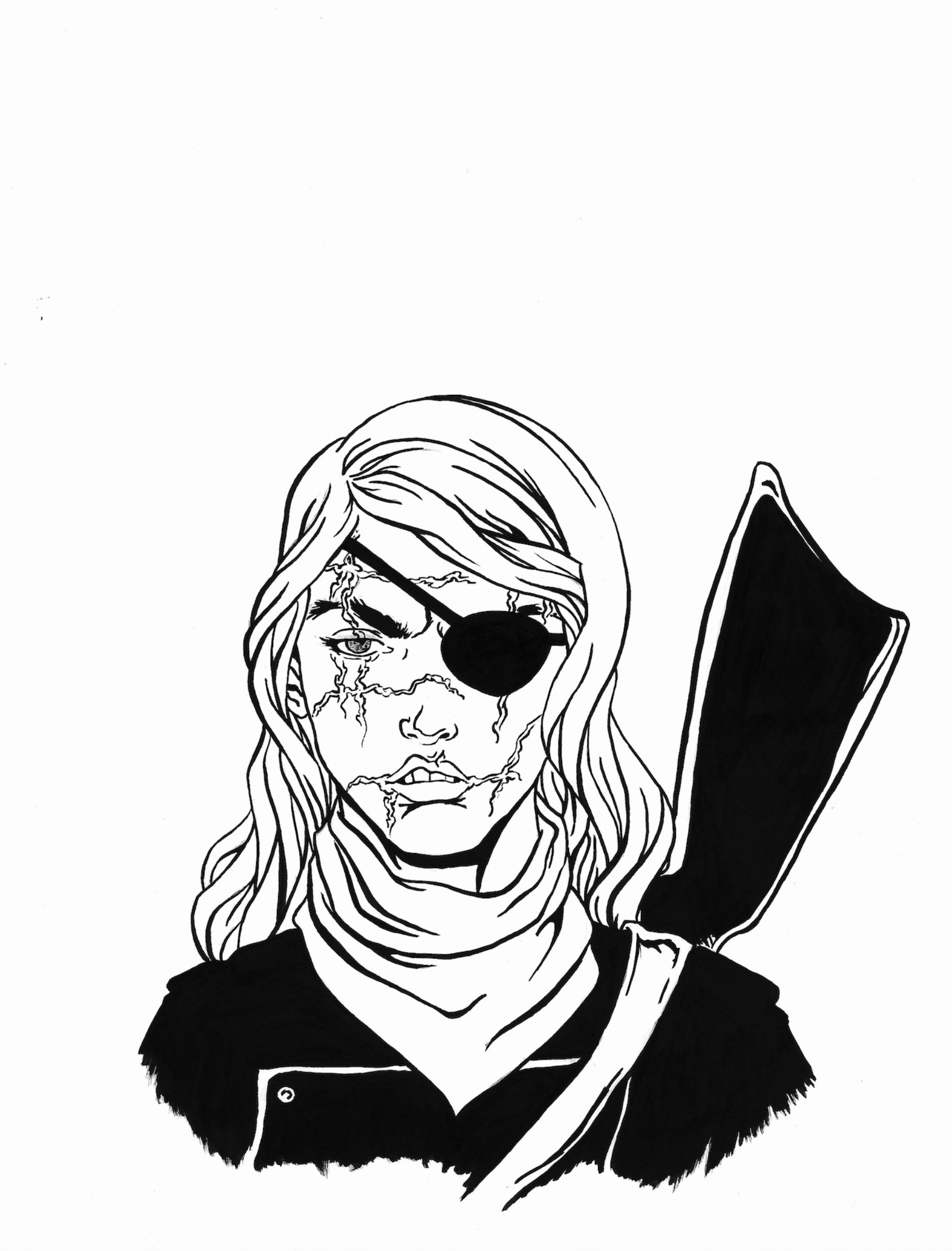 Black and white drawing of a woman with long wavy hair, wearing an eye patch over her right eye, holding a sword over her shoulder, and wearing a jacket with a fur collar.