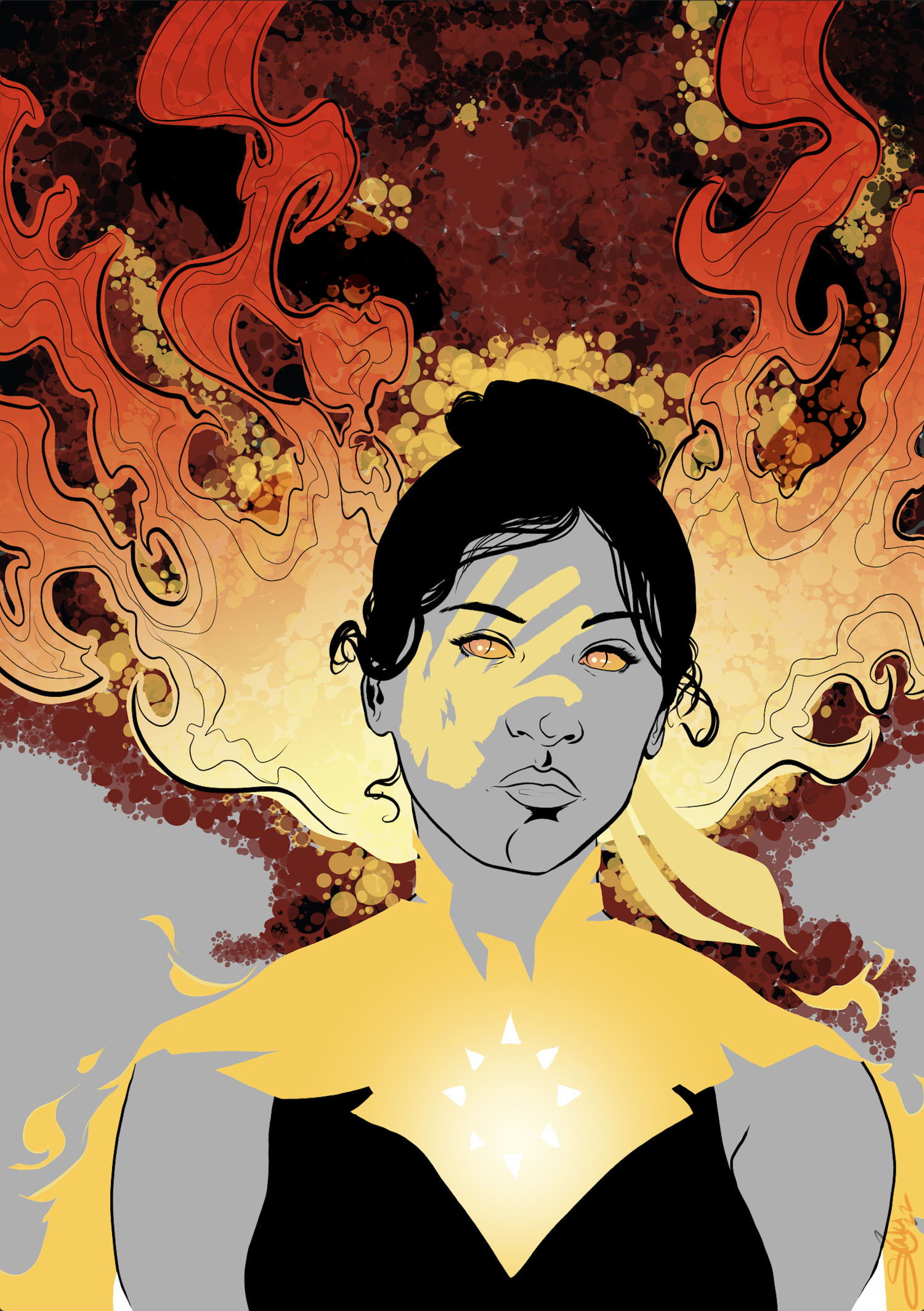 Digital illustration of a woman with short dark hair, glowing eyes, and a serious expression. She wears a black top with a plunging neckline. Radiant light emanates from her chest, and her hair transforms into fiery, swirling red and orange flames wi