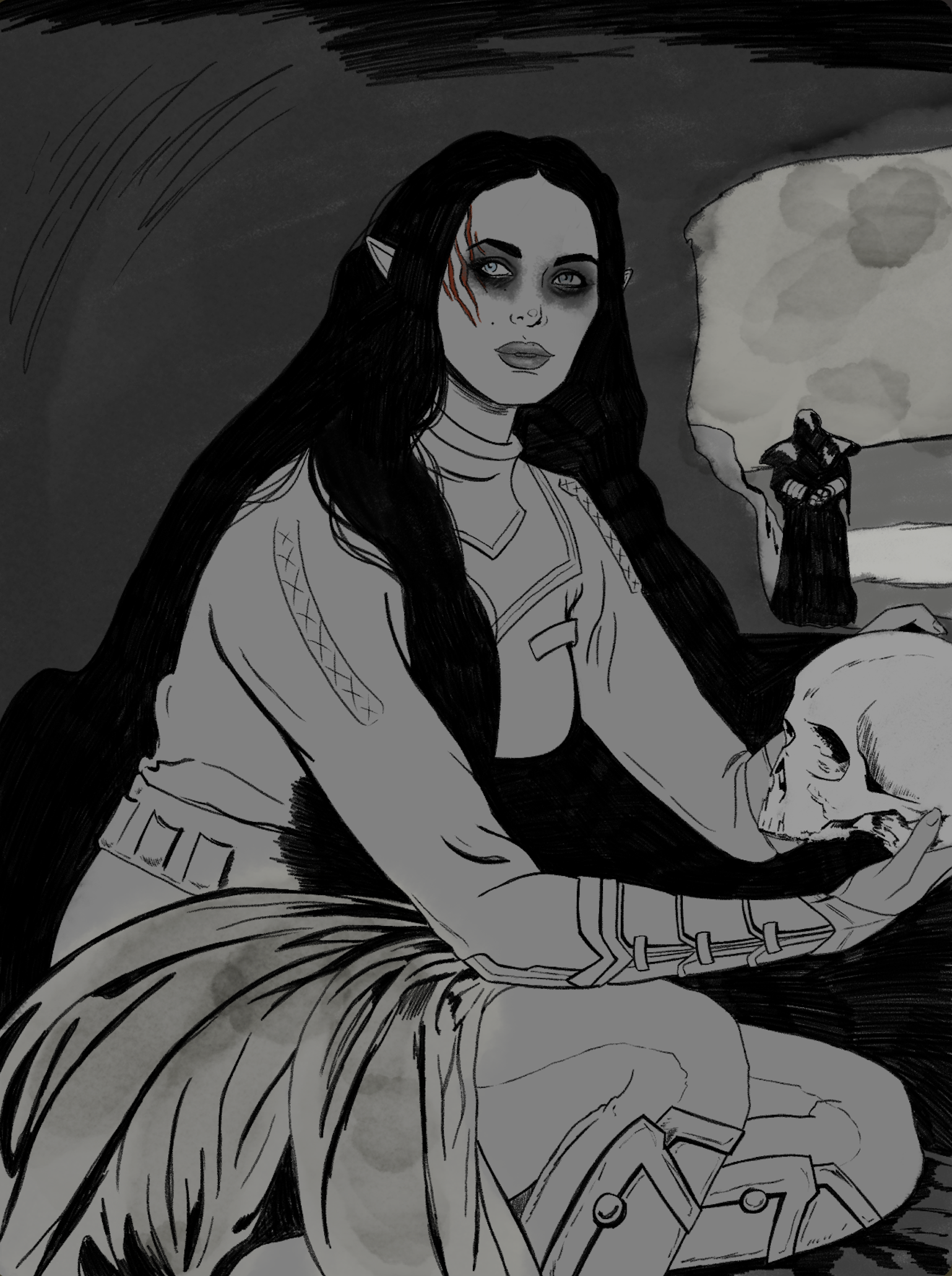 A grayscale illustration of a female elf with long dark hair, pointed ears, and facial scars, wearing armor and a cape, with a background featuring a moon and a figure holding a sword in front of the moon.