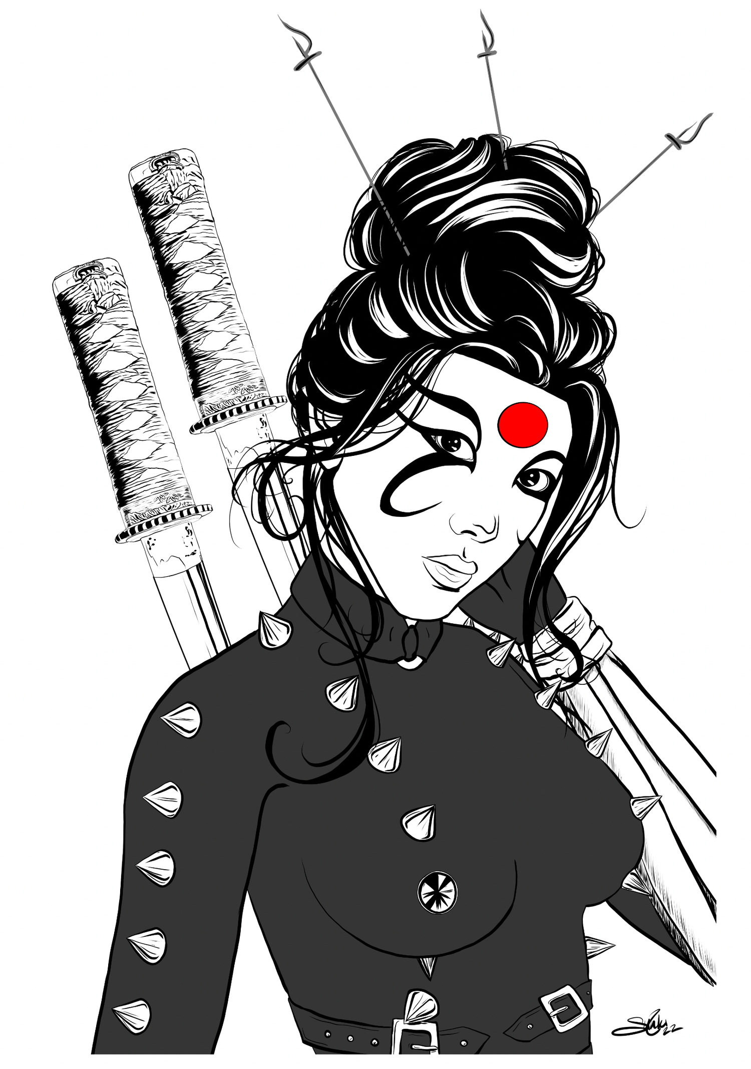 Black and white illustration of a woman with long, wavy hair, wearing a top with large spikes and a red dot on her forehead, holding a katana over her shoulder, with two more katanas on her back.