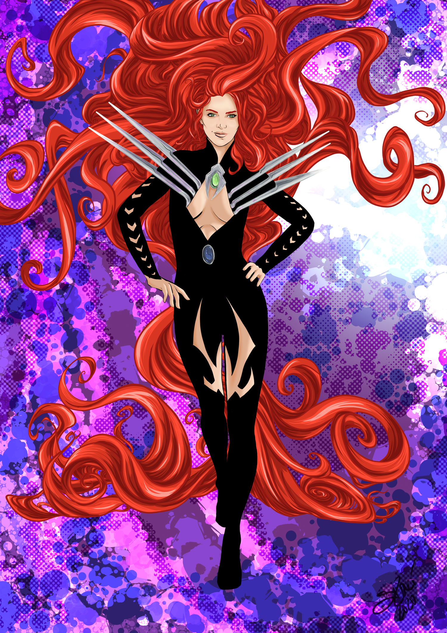 Digital illustration of a woman with long, flowing red hair, green eyes, and fair skin, dressed in a black dress with cutout details. She stands confidently with one hand on her hip, wearing a large green gemstone ring and claw-like metallic gloves. 