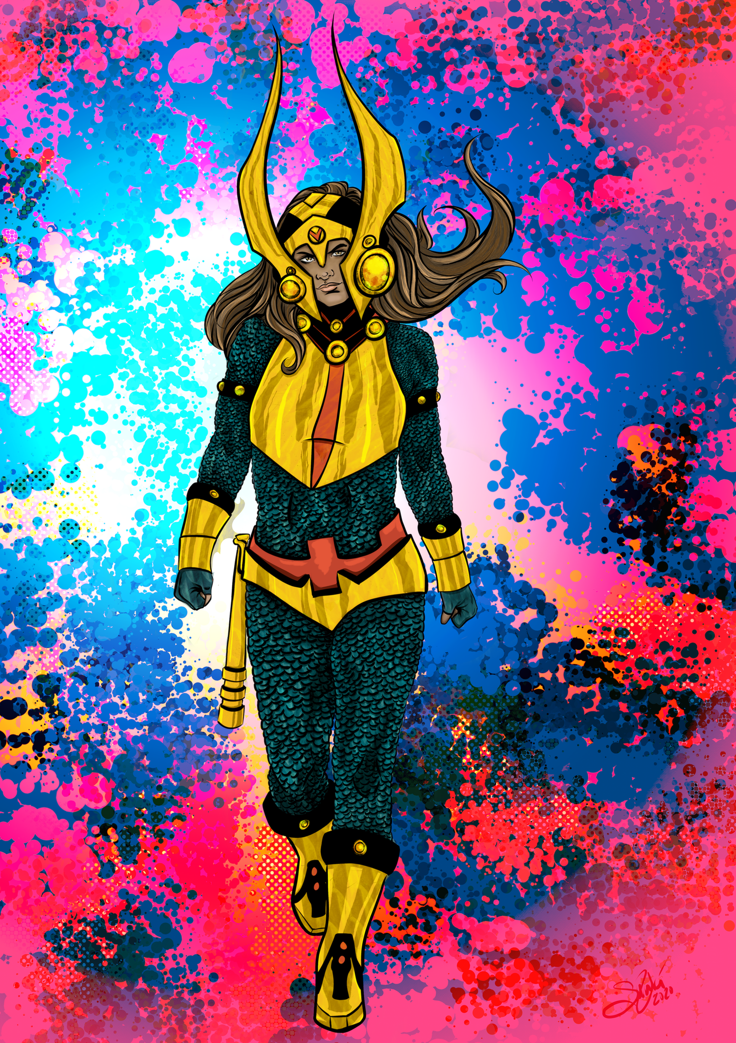 Digital artwork of a female superhero with long brown hair, wearing a black and yellow costume with a helmet featuring two large, curved yellow horns. She has gold earrings and a confident expression, set against a colorful, abstract, splatter-paint 