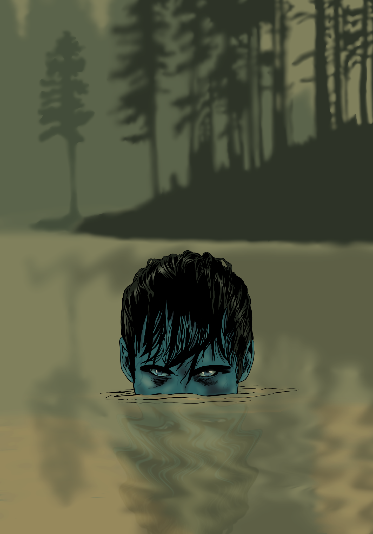 A person with wet hair is partially submerged in water, with only their head visible. The person's eyes are piercing and intense. In the background, there are tall, shadowy trees and a foggy, eerie atmosphere.