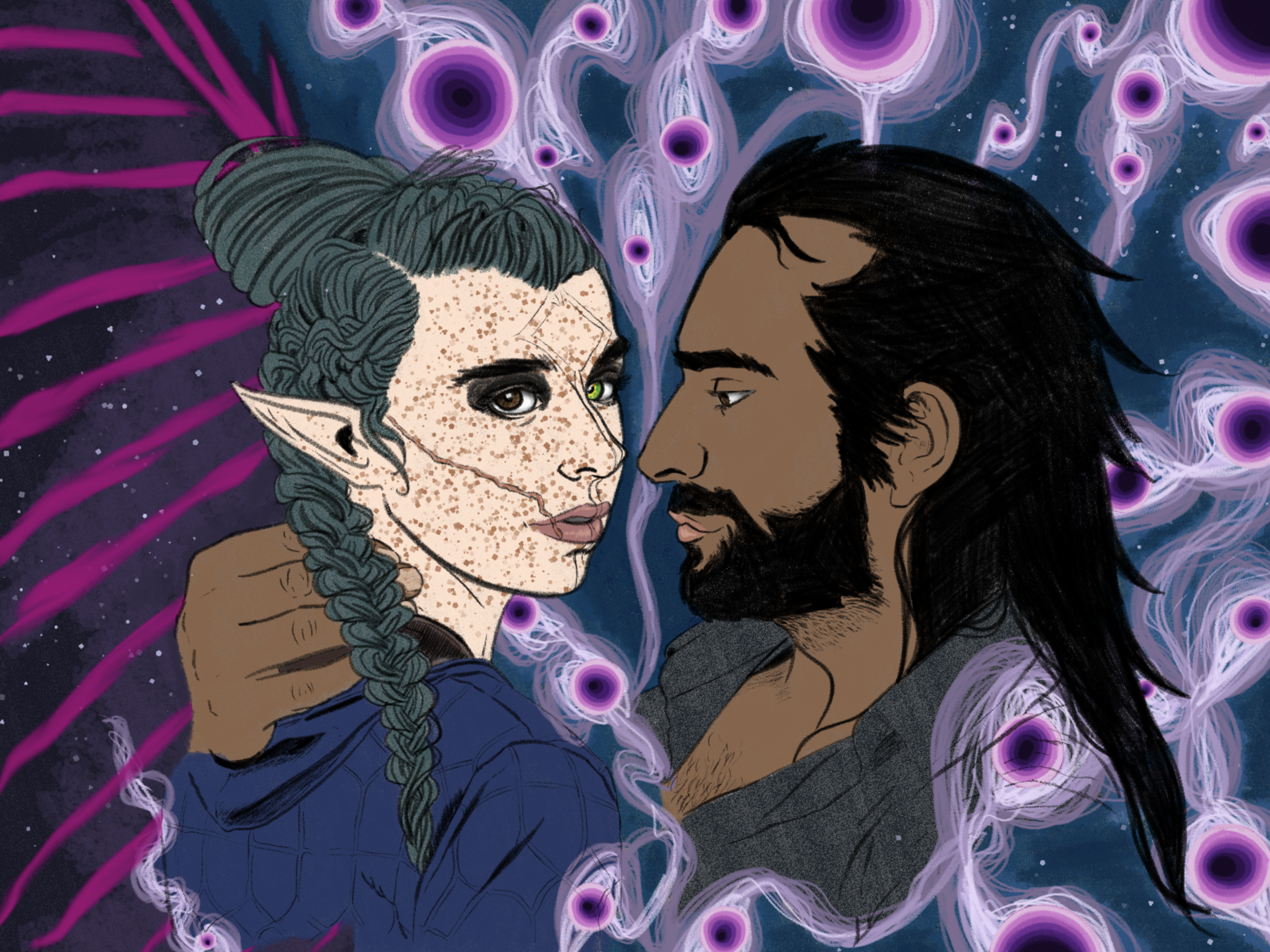 An illustration of two people with fantasy features, close together with foreheads touching, surrounded by swirling purple and pink energy or aura.