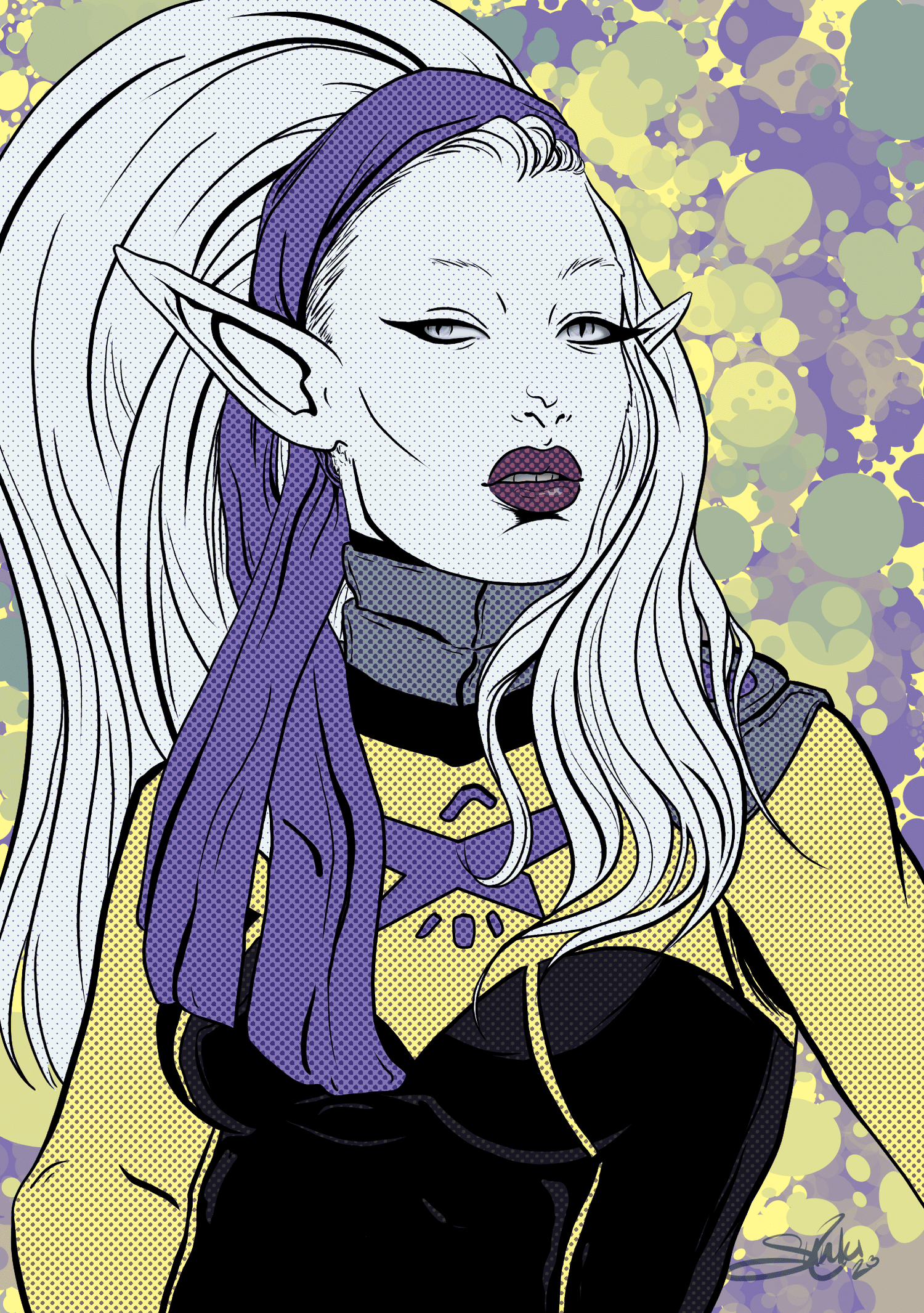 Digital illustration of an elf woman with pointy ears, long white hair, and blue eyes, wearing a purple headband, a purple and yellow shirt with a star emblem, and black gloves, with a colorful bokeh background of purple and yellow circles.