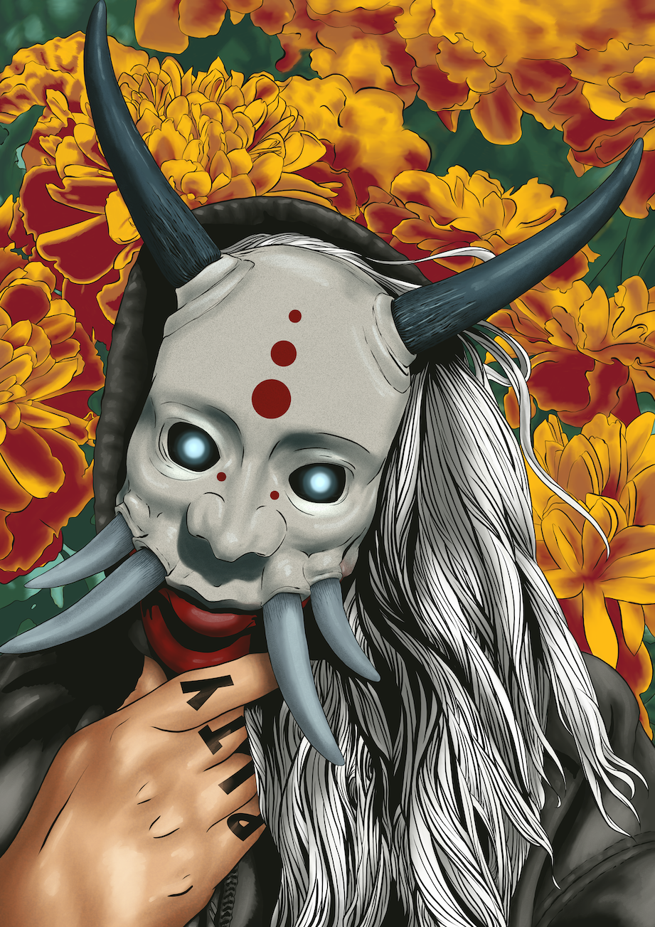 A person wearing a skull mask with horns, glowing eyes, and a long white and black beard, holding their chin with one hand. The background features bright yellow and orange flowers.