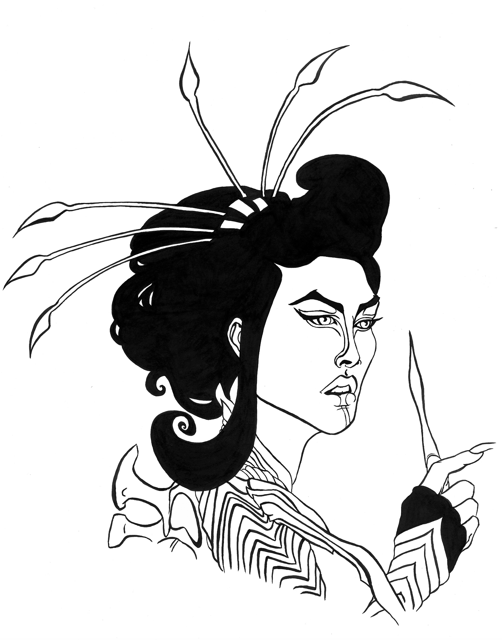 Line drawing of a woman with stylized features, ornate hair, and a large feathered headdress, holding a stick, dressed in patterned clothing.