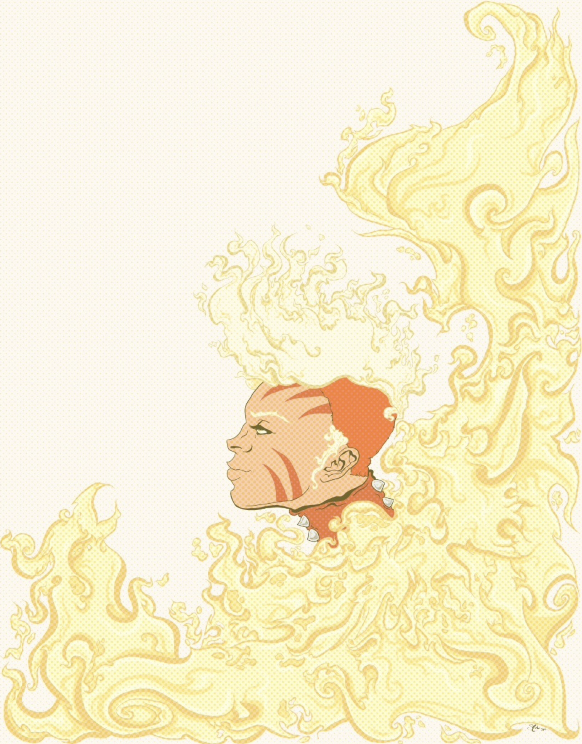 A stylized illustration of a woman with red hair and face paint, surrounded by yellow smoke and flames.