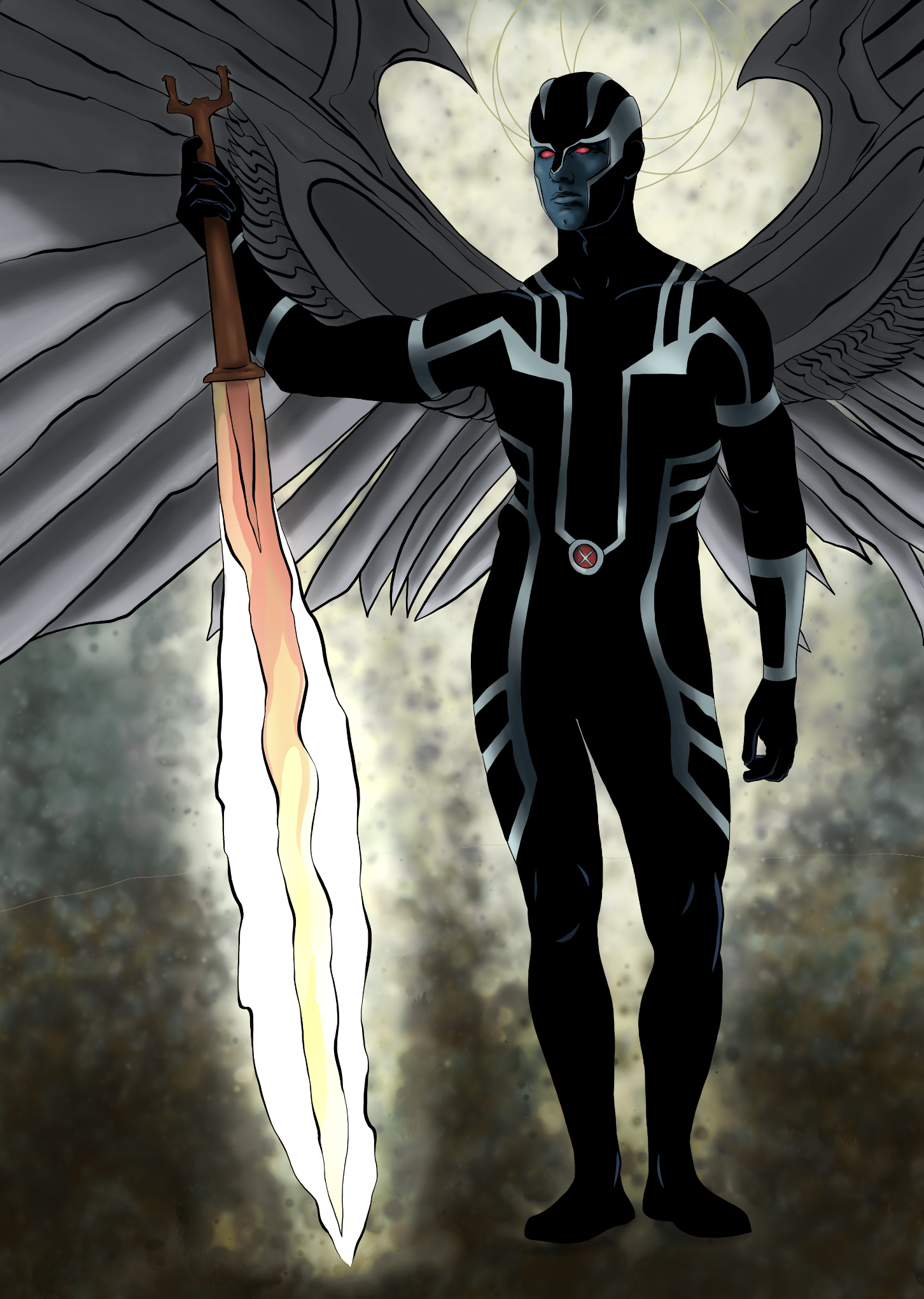 A humanoid figure with black and silver armor, red eyes, and large wings, holding a glowing sword, stands against a cloudy or smoky background.