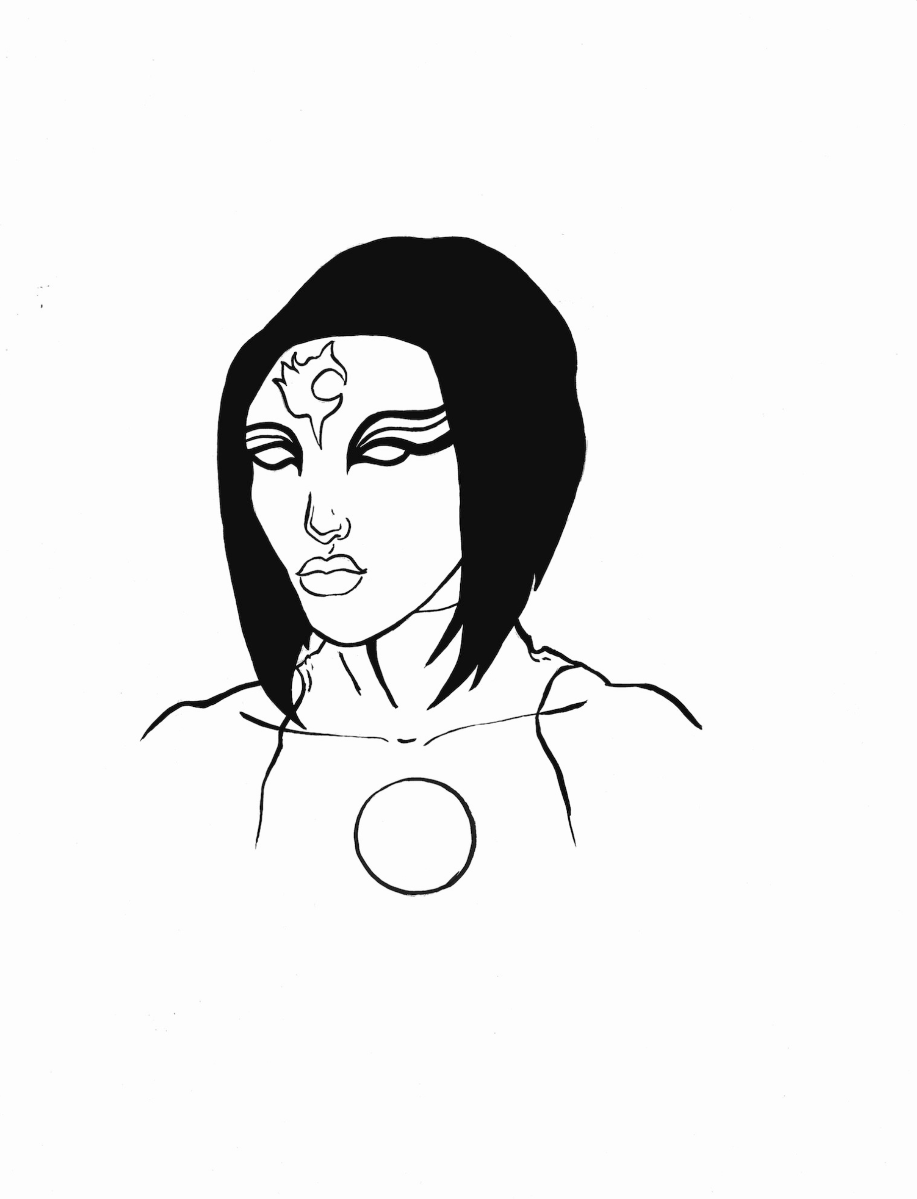 A black and white line drawing of a woman with long dark hair, closed eyes, lips, and a triangle-shaped symbol on her forehead. She is wearing a large circular necklace.