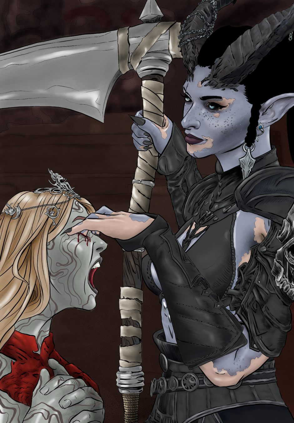 Fantasy illustration of a goblin-like creature with blue-gray skin, large horns, and elf-like ears, wielding a large axe and confronting a pale-skinned woman with long blonde hair, red eyes, and a red garment. The woman appears distressed with blood on her forehead. The scene is intense and dark.