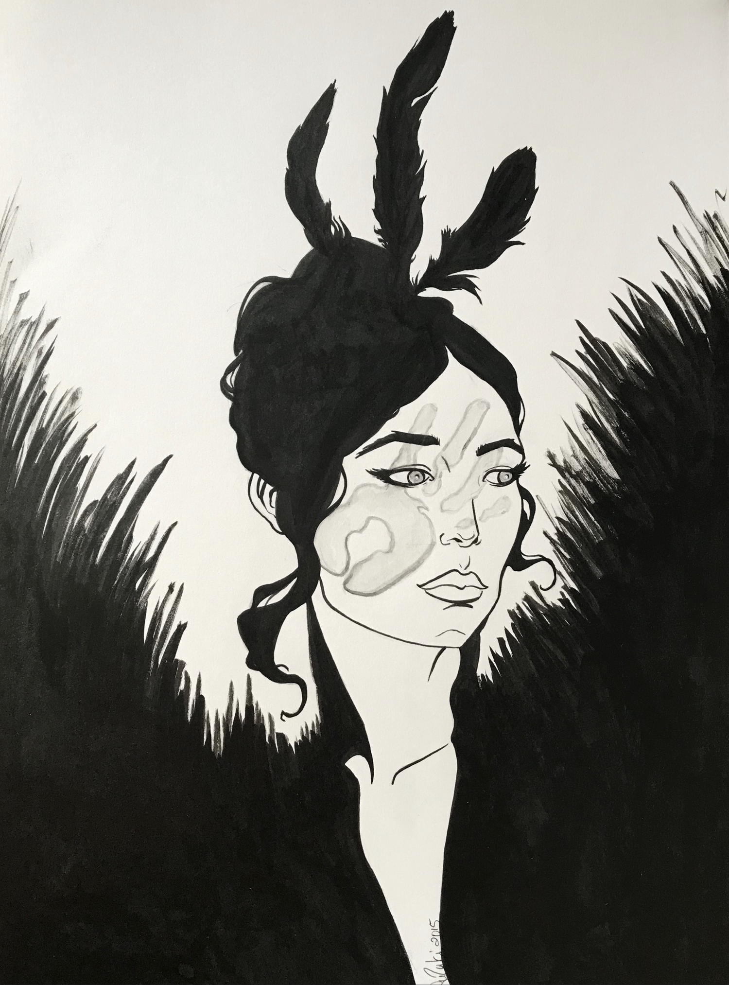 Black and white line art portrait of a woman with feathered headpiece and leaves on her shoulders.