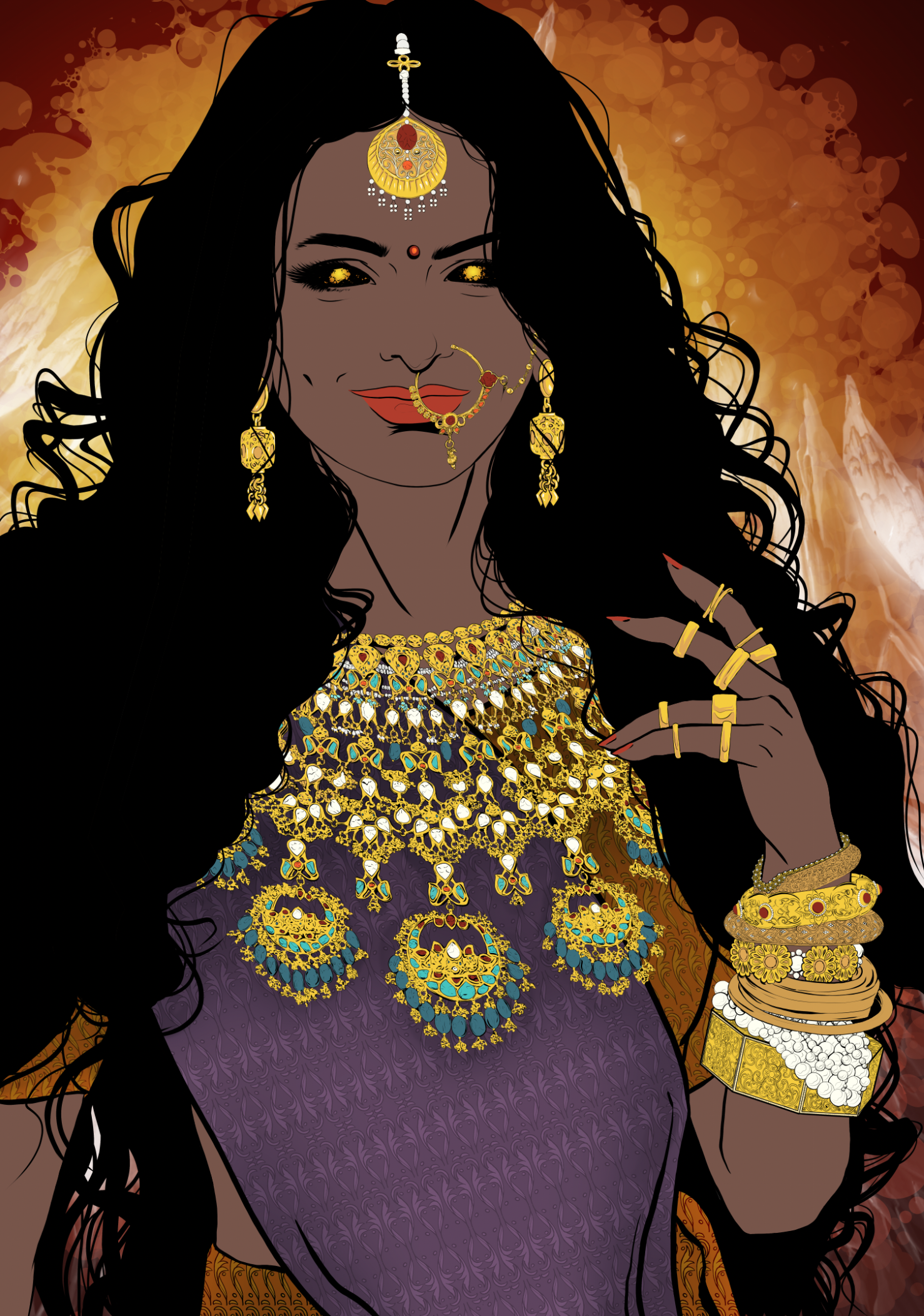 A digital illustration of a woman with dark skin and long black hair, adorned with gold jewelry including necklaces, earrings, bangles, nath, and maang tikka, wearing purple and orange traditional attire, with a fiery orange background.