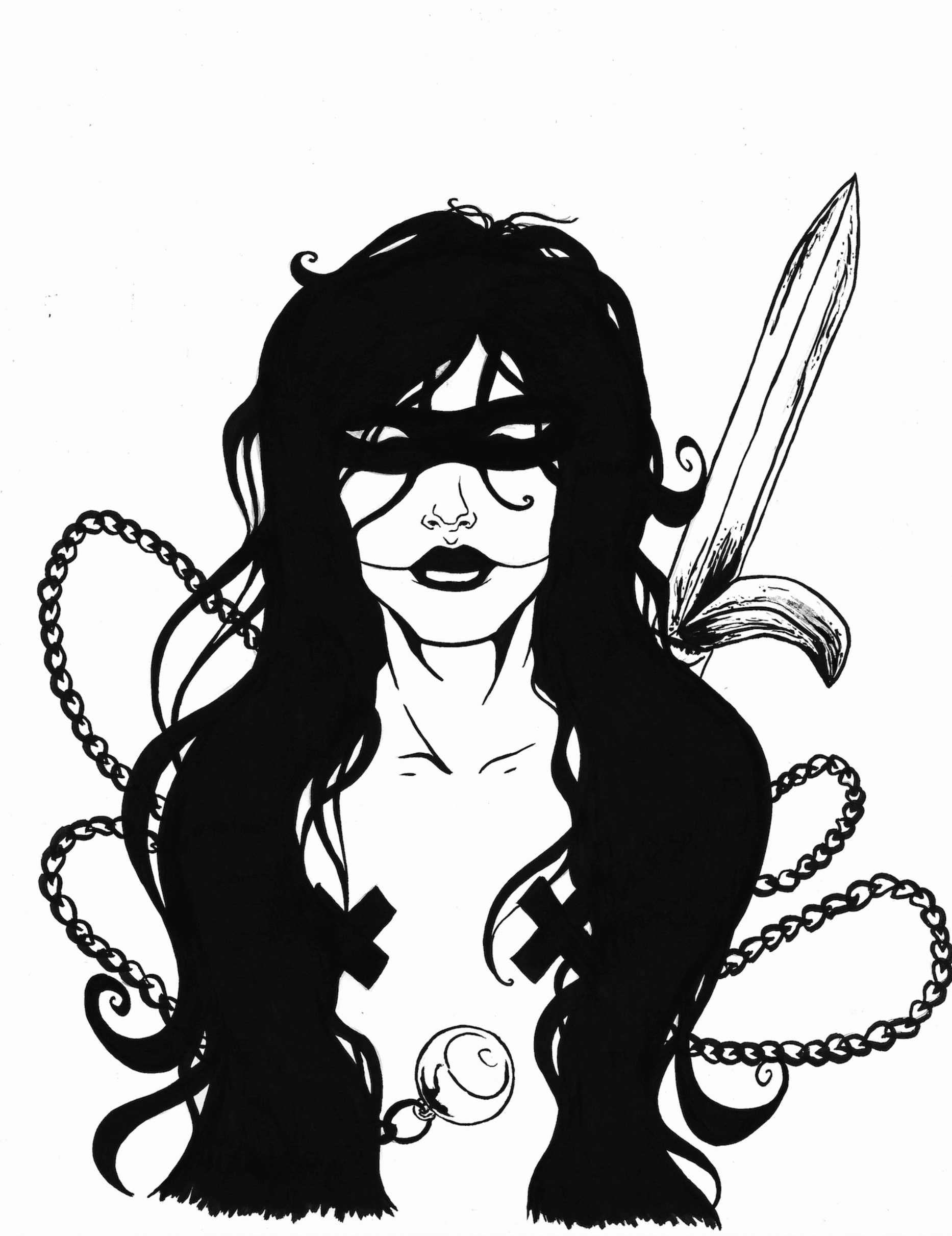 Black and white illustration of a woman with long, flowing hair holding a sword, surrounded by chains and a skull at her waist.