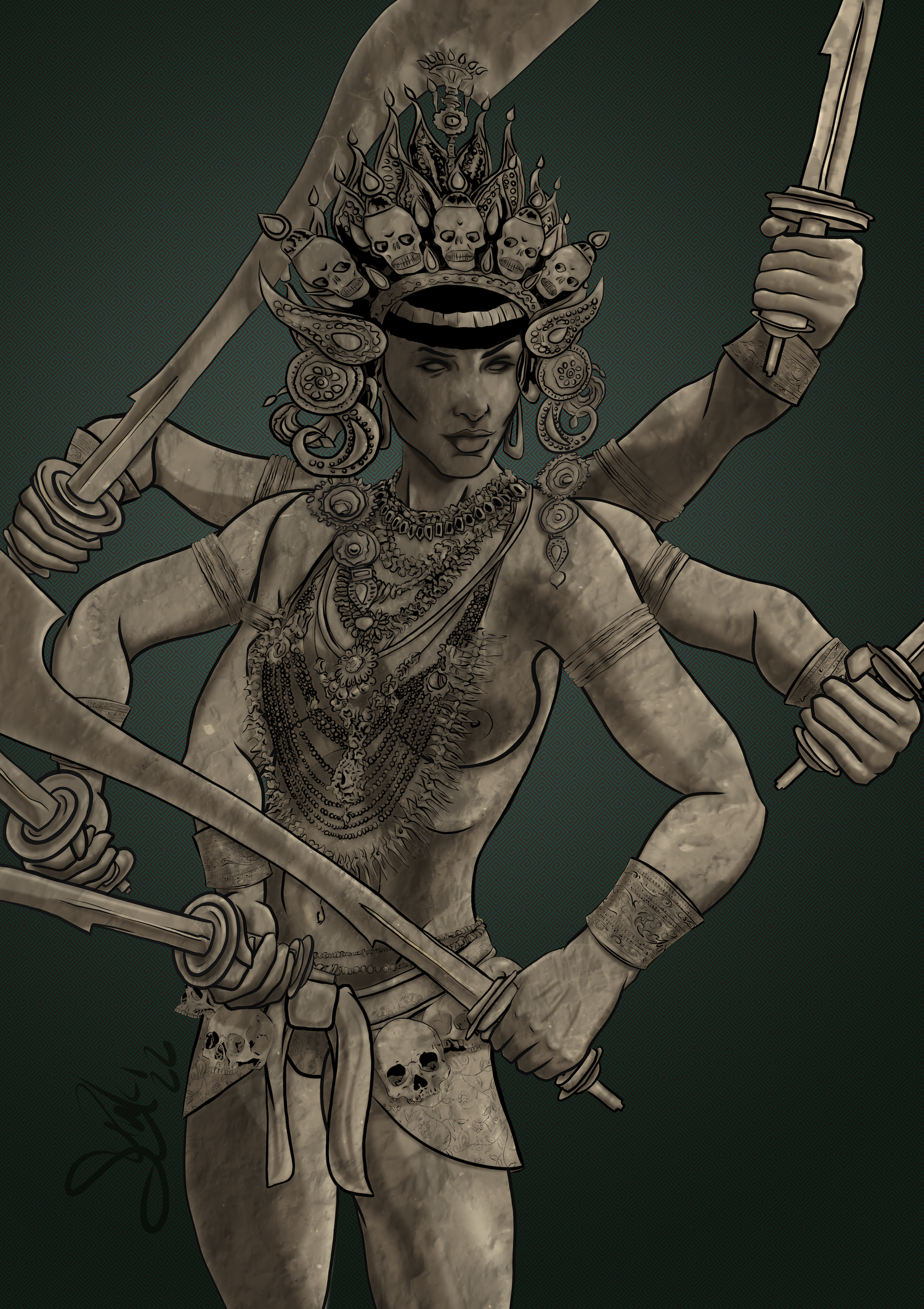 Illustration of a mythological warrior figure with a headdress adorned with skulls, holding a large sword, decorated with necklaces, armbands, and a skull skirt. The figure has a powerful stance against a dark patterned background.