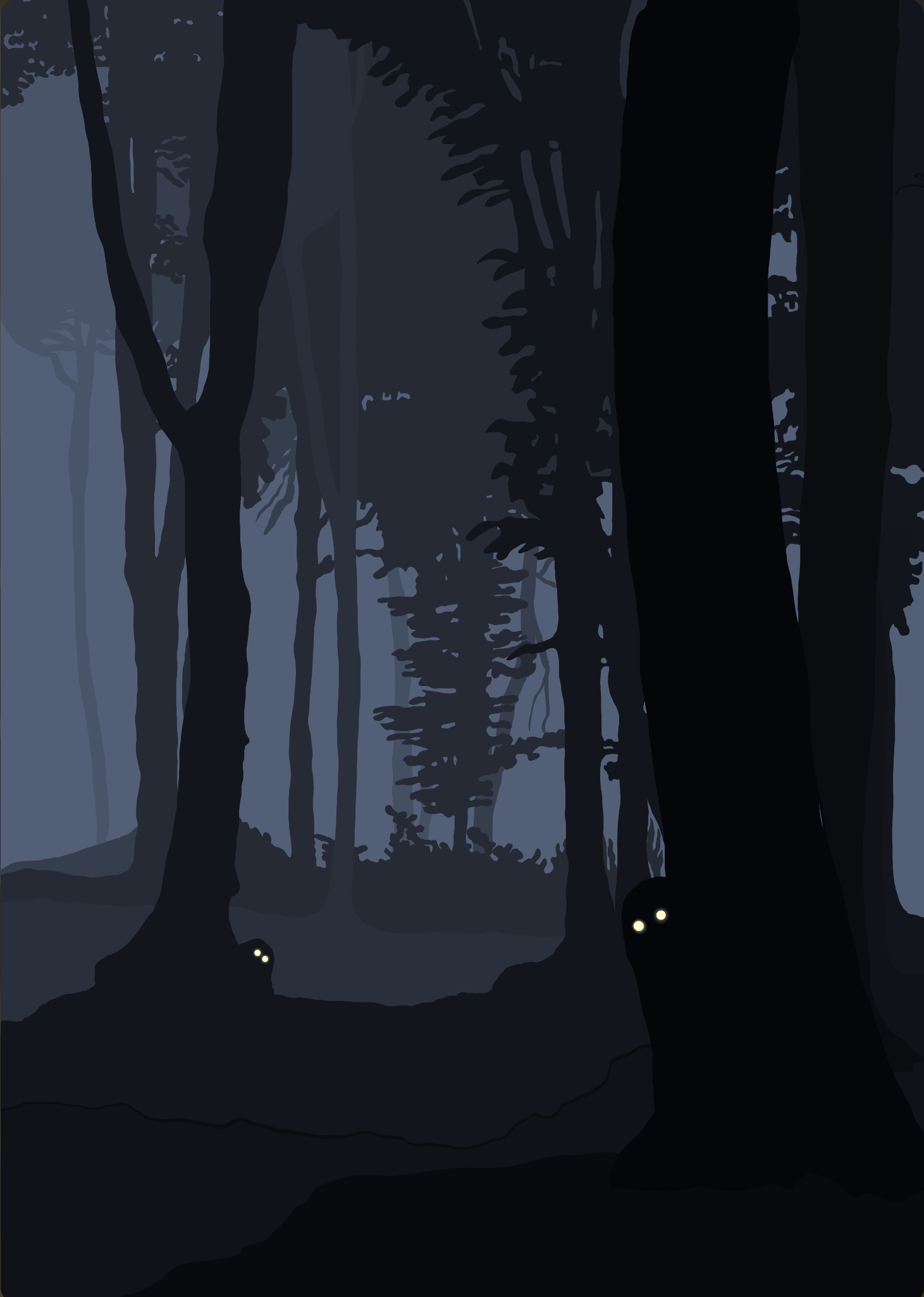 A dark, eerie forest scene at night with shadowed trees and glowing eyes peering out from the darkness.