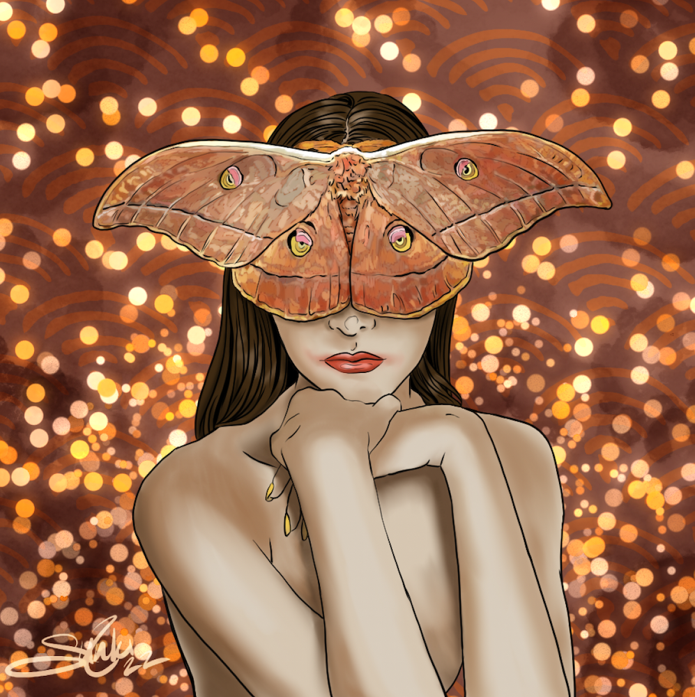 A woman with long brown hair and red lipstick poses with her chin resting on her hand, while a large orange moth with intricate wing patterns covers her eyes. The background is filled with warm, glowing bokeh lights resembling fireworks or festival l