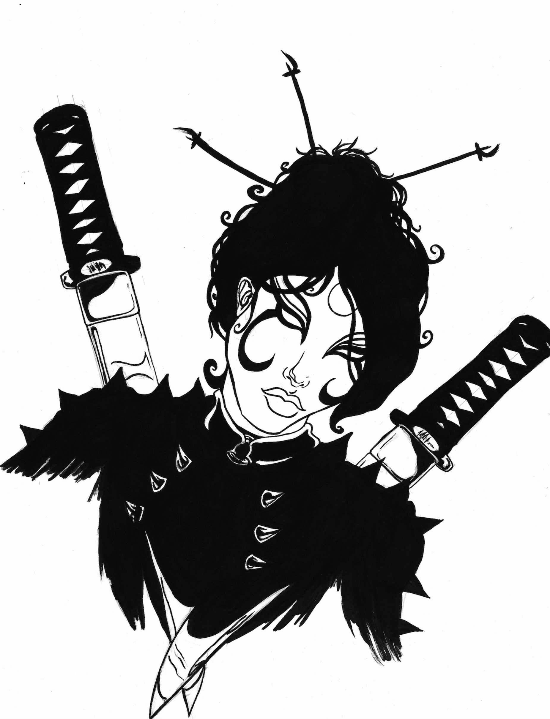Black and white drawing of a woman with long, wavy hair, holding a sword in each hand. She is wearing a dark outfit with a jagged collar and has a determined expression.