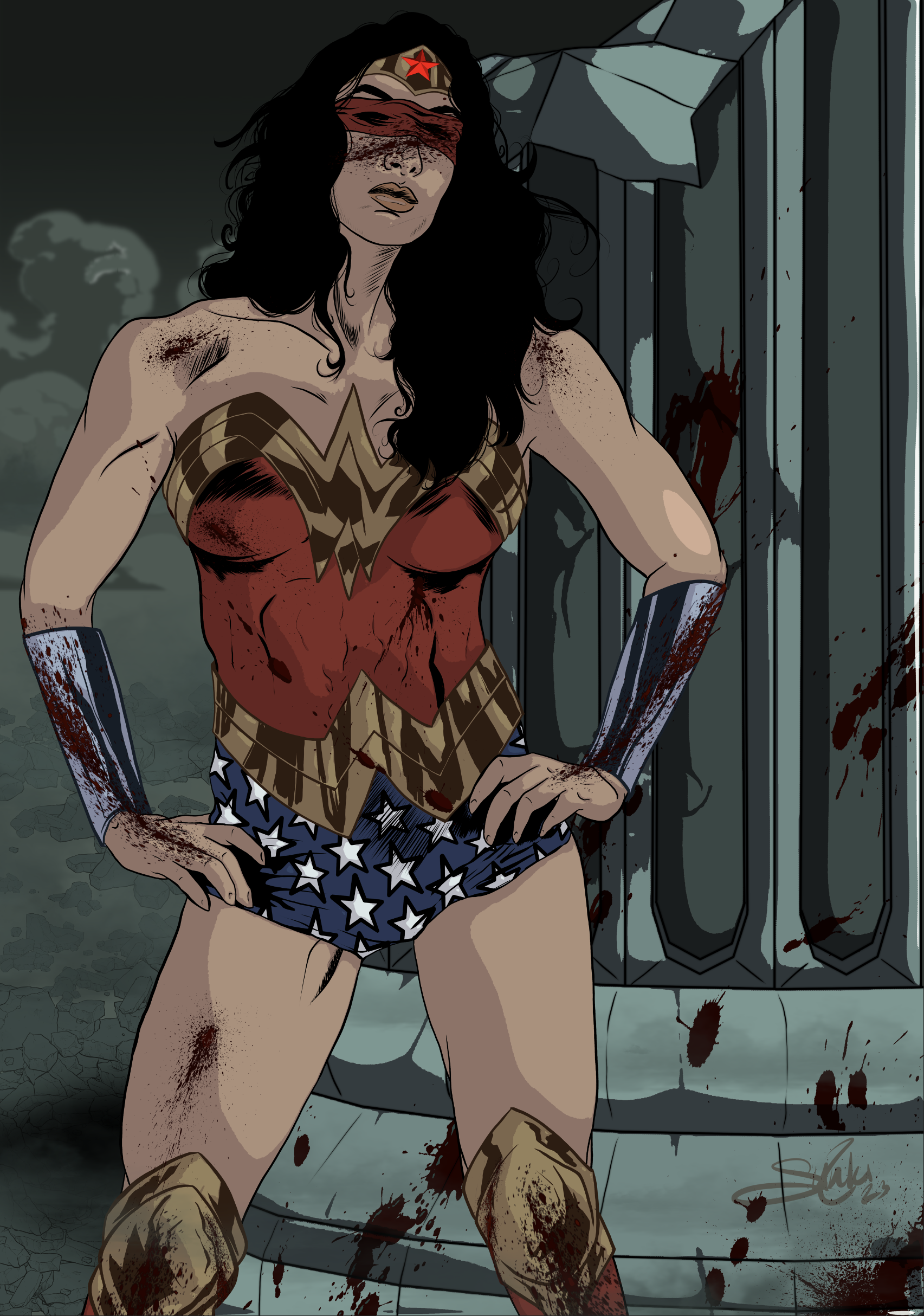 Comic-style illustration of Wonder Woman covered in blood, standing in front of a damaged vehicle with blood splatters on its surface. She is wearing her iconic costume with a red top, gold accents, and star-spangled shorts, with a bloodied arm and a bloodstained lasso hanging from her waist.