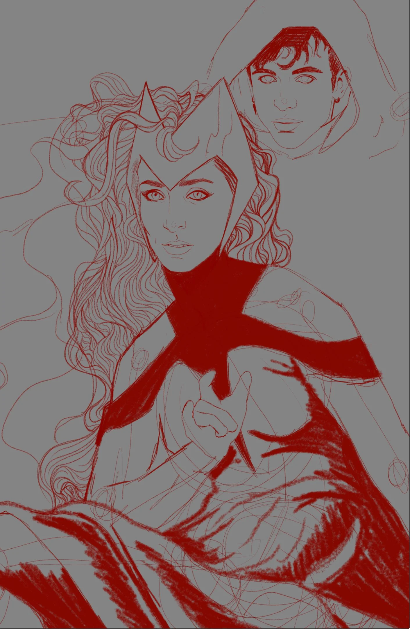 A line drawing of a woman with long flowing hair wearing a hooded cloak, sitting and holding a large sword, with a boy's face appearing in a thought bubble above her head.