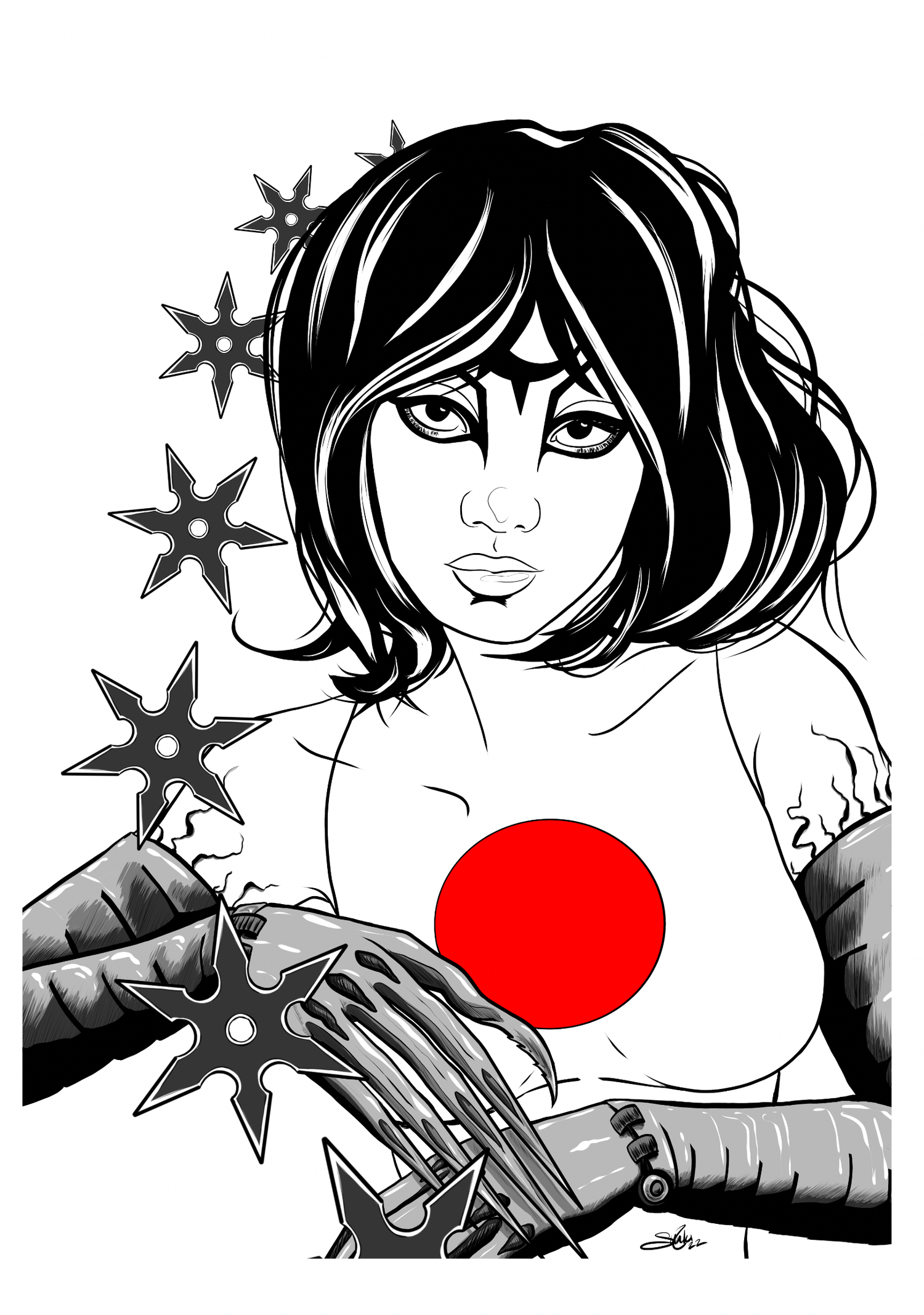Black and white illustration of a woman with dark, wavy hair and intense eyes, wearing fingerless gloves and a sleeveless top with a large red circle on her chest, holding spiked nunchaku.