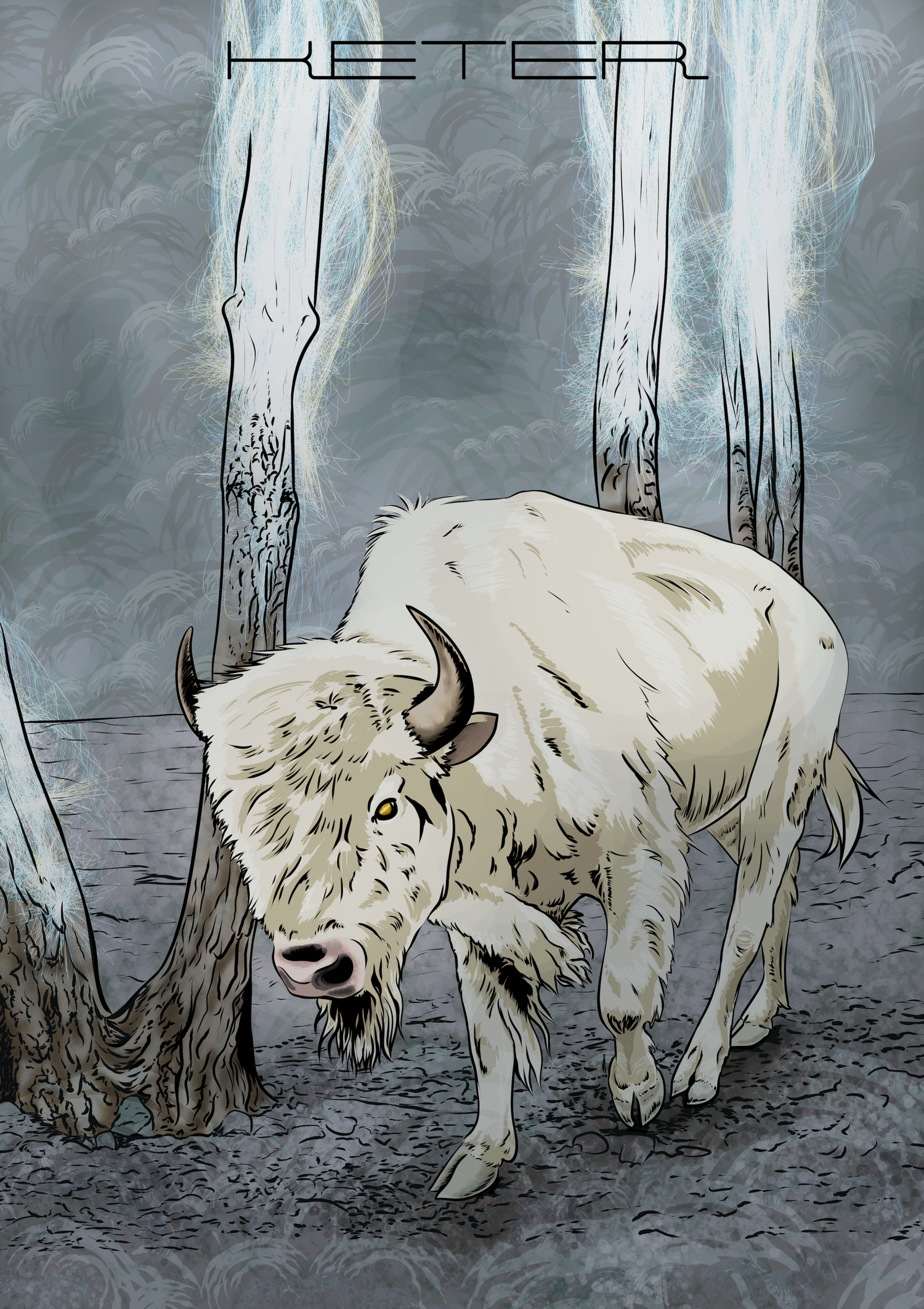 An illustration of a white wolf standing on snow in a winter forest with tall, icy trees and a cloudy sky. The word 'Hunter' is displayed at the top.
