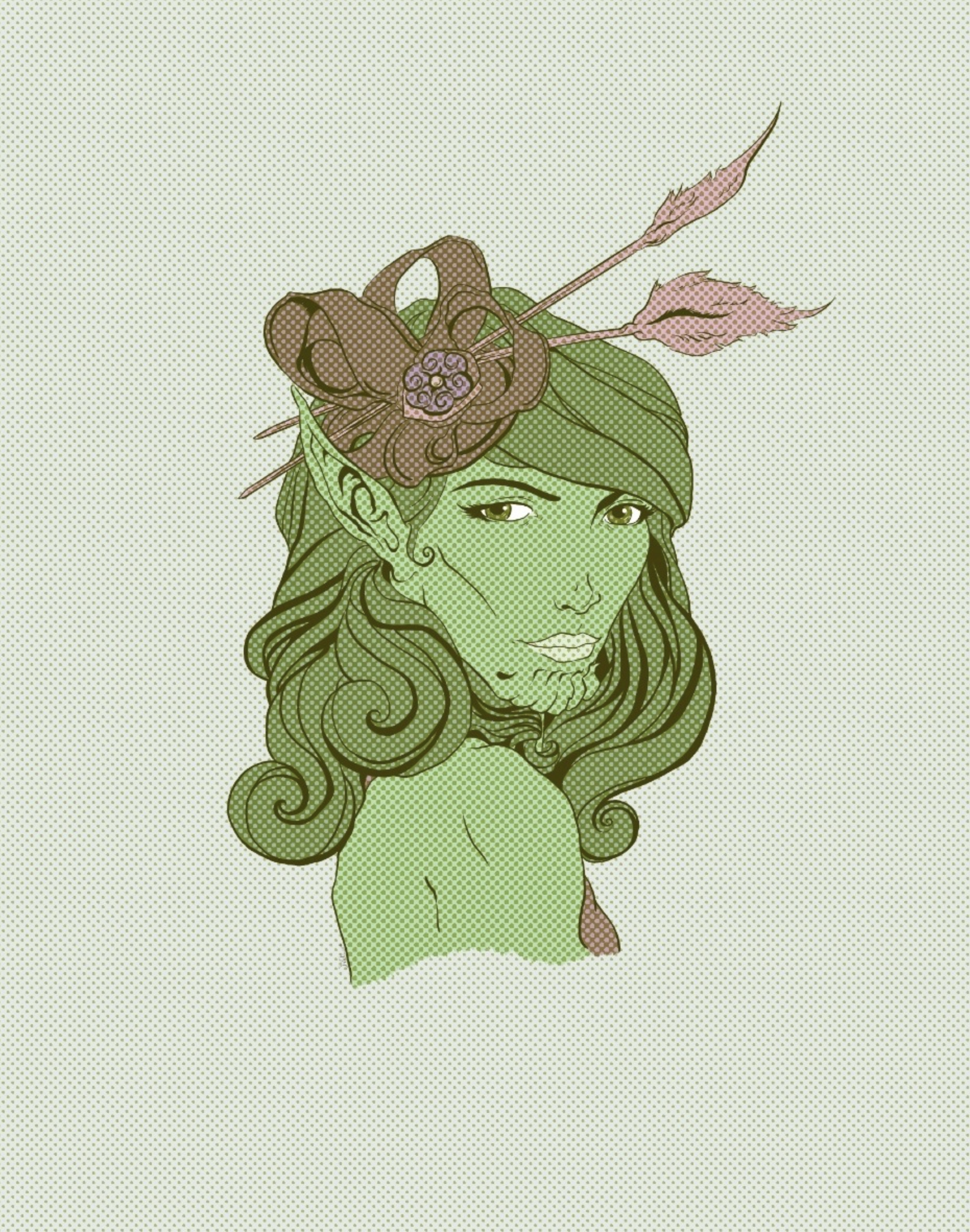 Illustration of a woman with green hair and skin, with a flower and pink leaves on her head, looking forward with a serious expression.