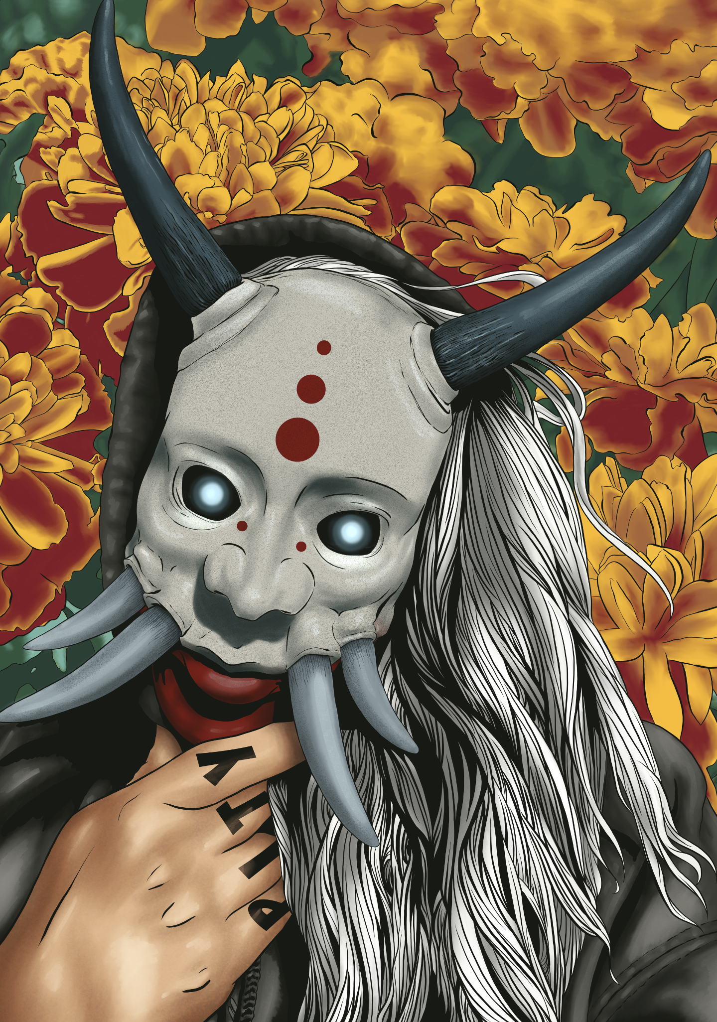 A person wearing a detailed skull mask with large horns and devilish features, surrounded by vibrant orange and yellow flowers with green leaves.