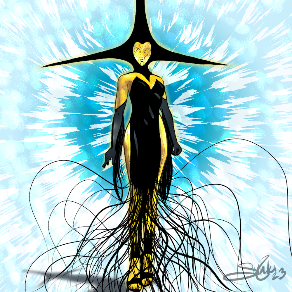 Digital artwork of a humanoid figure with a heart-shaped face, glowing yellow eyes, and a tail. The figure has a narrow, elongated body with black and yellow skin, and long black hair. It is floating against a background of blue and white energy or l