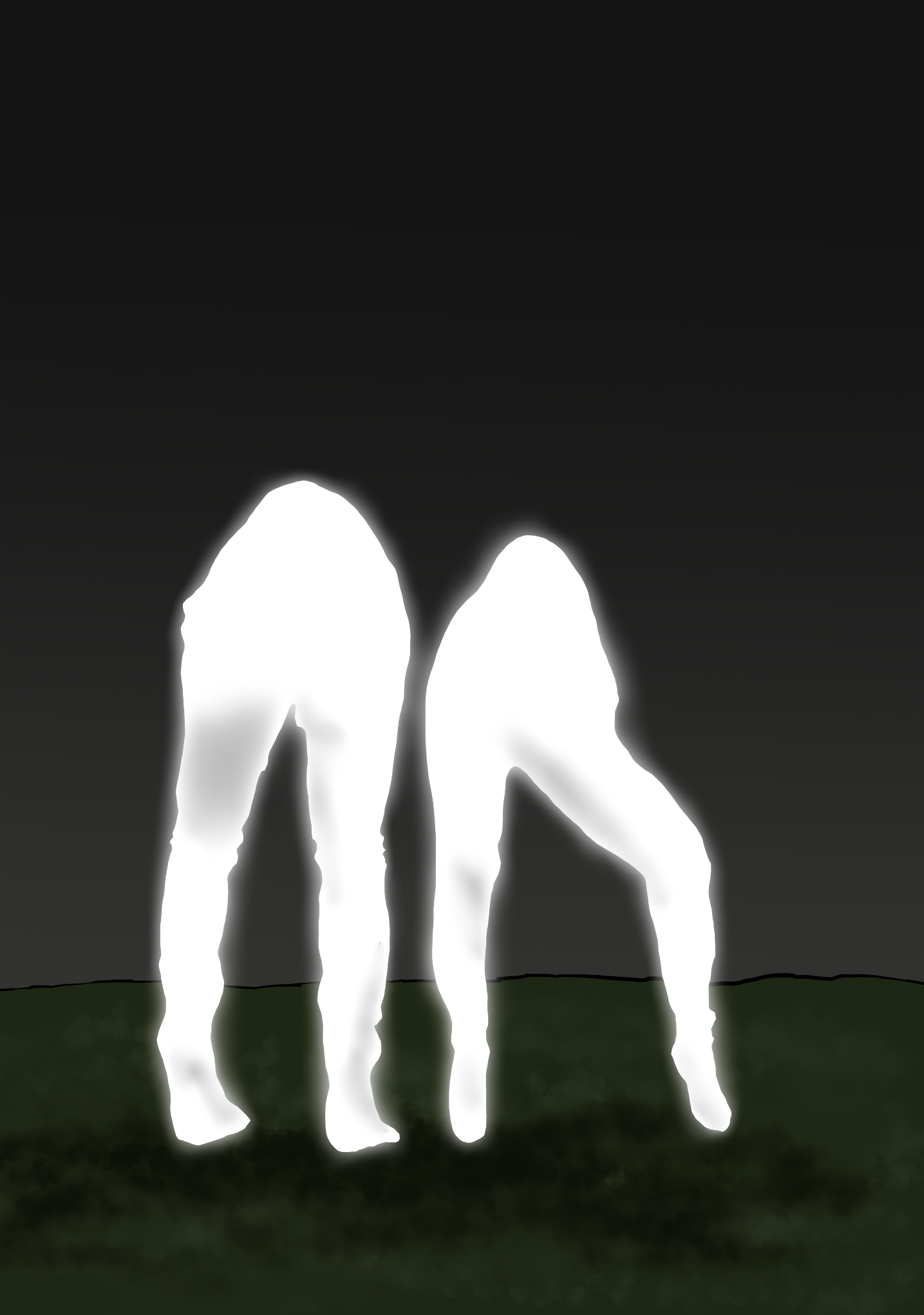 Silhouettes of four horses standing on grass at night with a dark sky background.