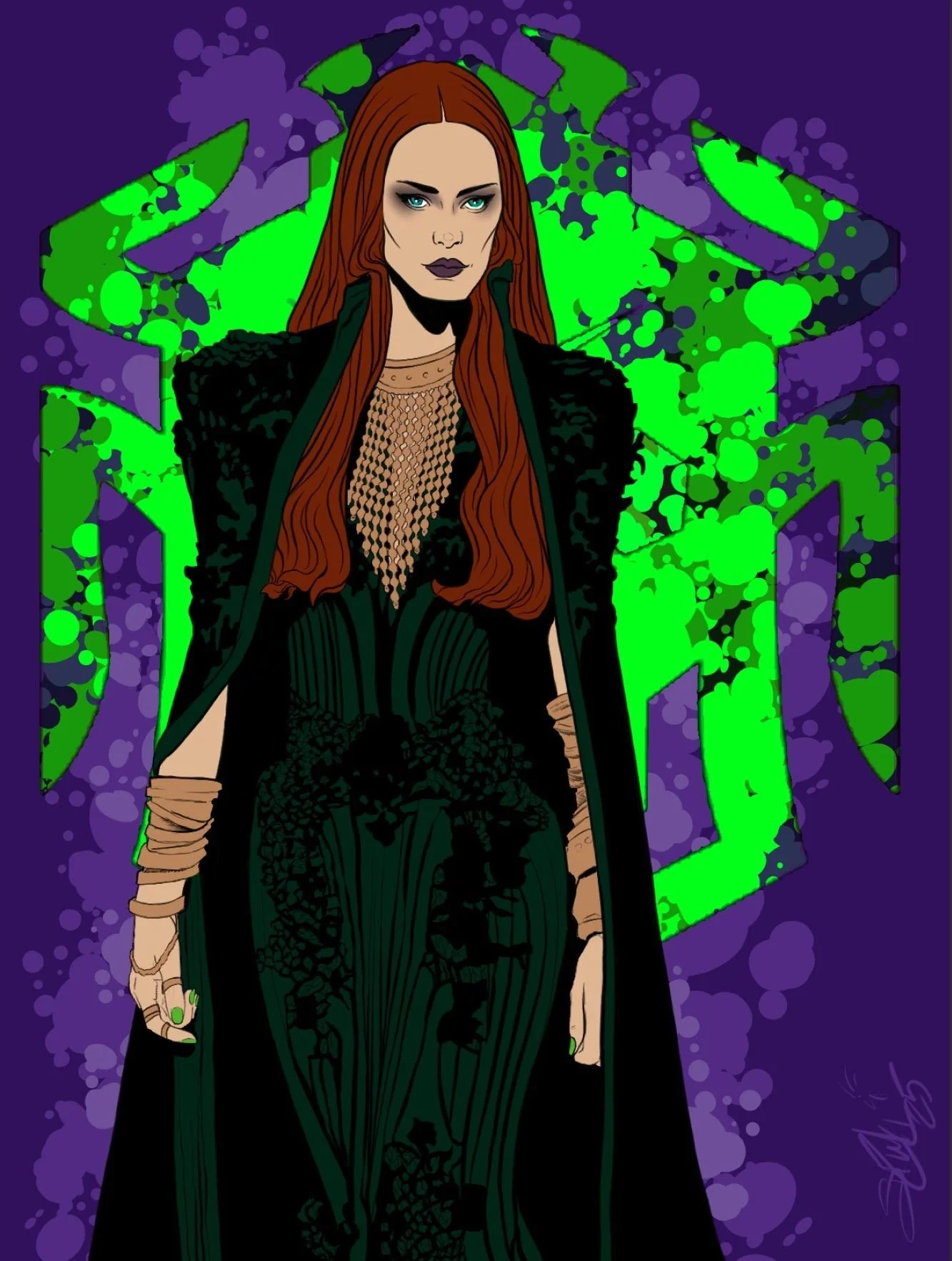 Digital illustration of a woman with long red hair, dressed in a black mesh and striped outfit, with a black coat. She has smoky eye makeup, dark lipstick, and wearing beige arm wraps. The background features bright green and purple graffiti-style ar