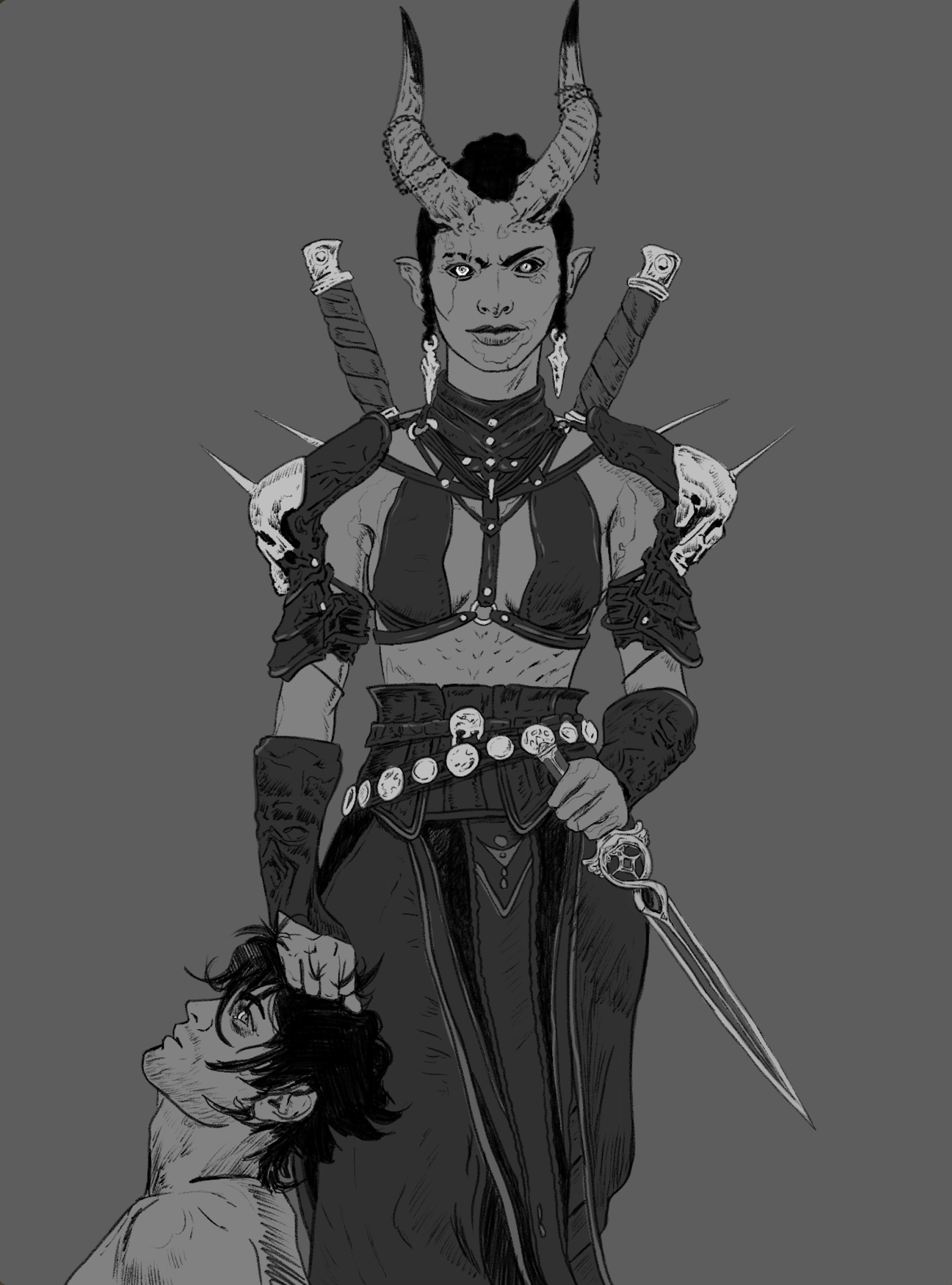 A fantasy illustration of a character with demonic features; has large horns, pointed ears, and a sinister expression, wearing armor and holding a sword, with another character fallen at their feet.