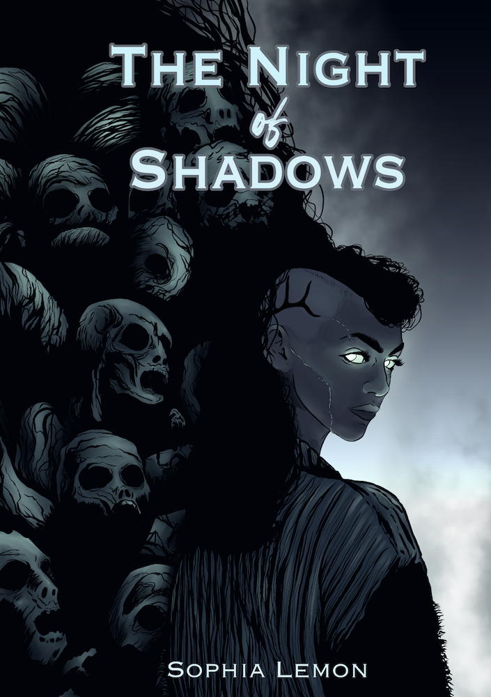 Book cover for 'The Night of Shadows' by Sophia Lemon featuring a woman with dark skin, short dark hair with a shaved side, and white glowing eyes, surrounded by floating skulls and a dark, cloudy sky.