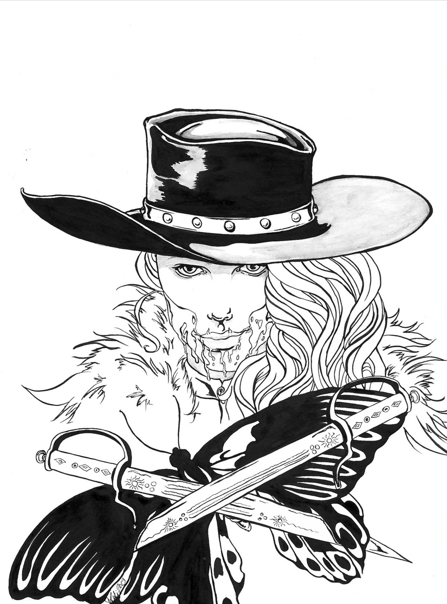Black and white drawing of a woman with long, flowing hair wearing a wide-brimmed hat decorated with a band of metal studs. She has a serious expression and is dressed in clothing with ornate detailing, including a fur or feathered collar. She is wie