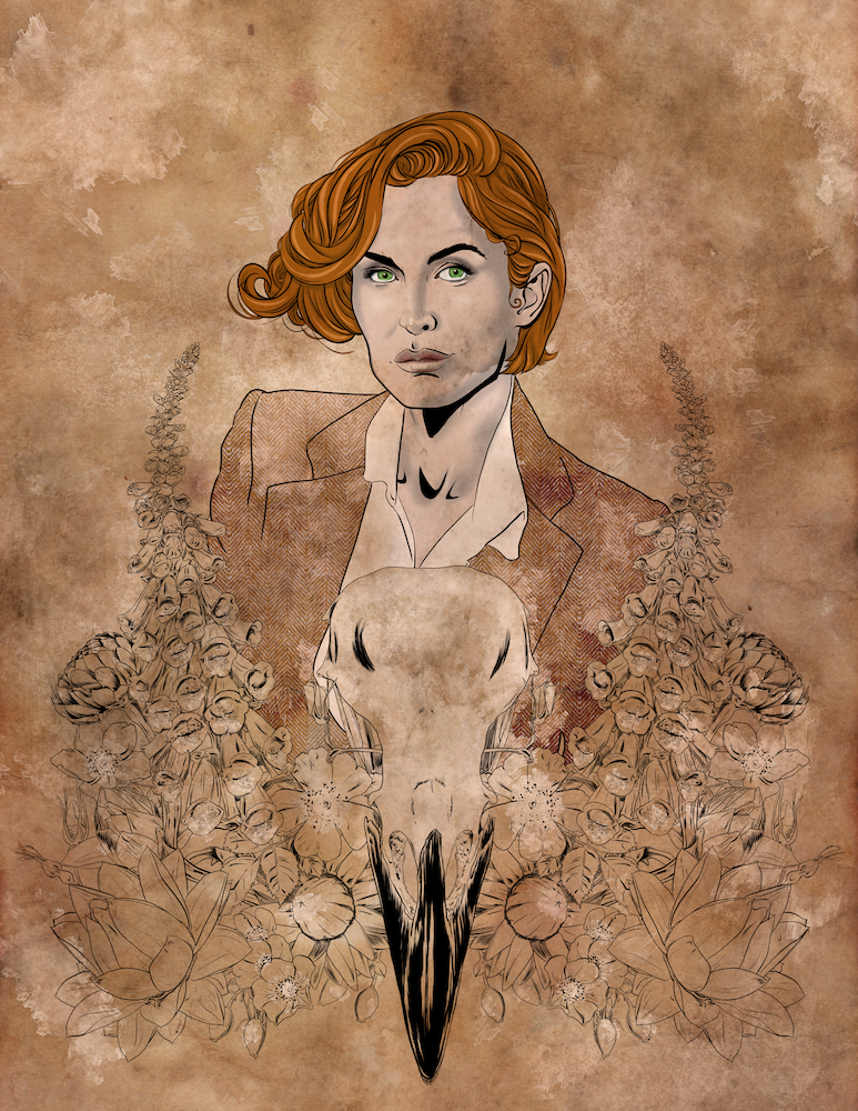 An illustration of a woman with short, wavy red hair and green eyes, wearing a brown checked blazer and white shirt, blending realistic and sketchy art styles, surrounded by detailed flowers and a large animal skull in the foreground.