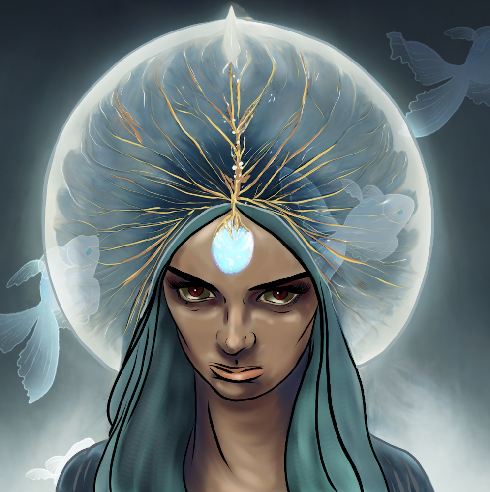 Digital illustration of a woman with teal hair and glowing eyes, wearing a headdress with golden roots and a glowing blue gemstone on her forehead. She has a serious expression and a luminous halo with butterflies in the background.