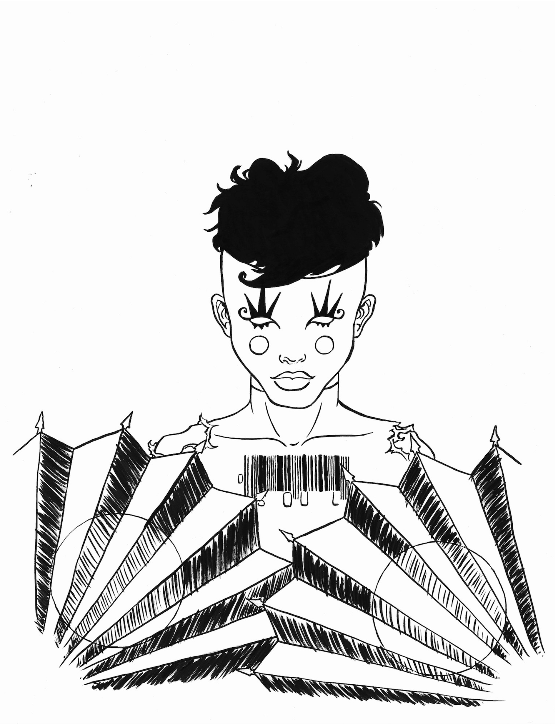 A black and white illustration of a woman with short, curly hair and exaggerated makeup, surrounded by abstract striped patterns and geometric shapes.
