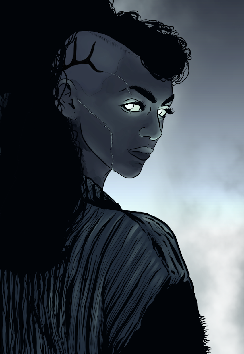 Digital illustration of a woman with glowing eyes, dark skin, and braided hair, set against a cloudy sky background.