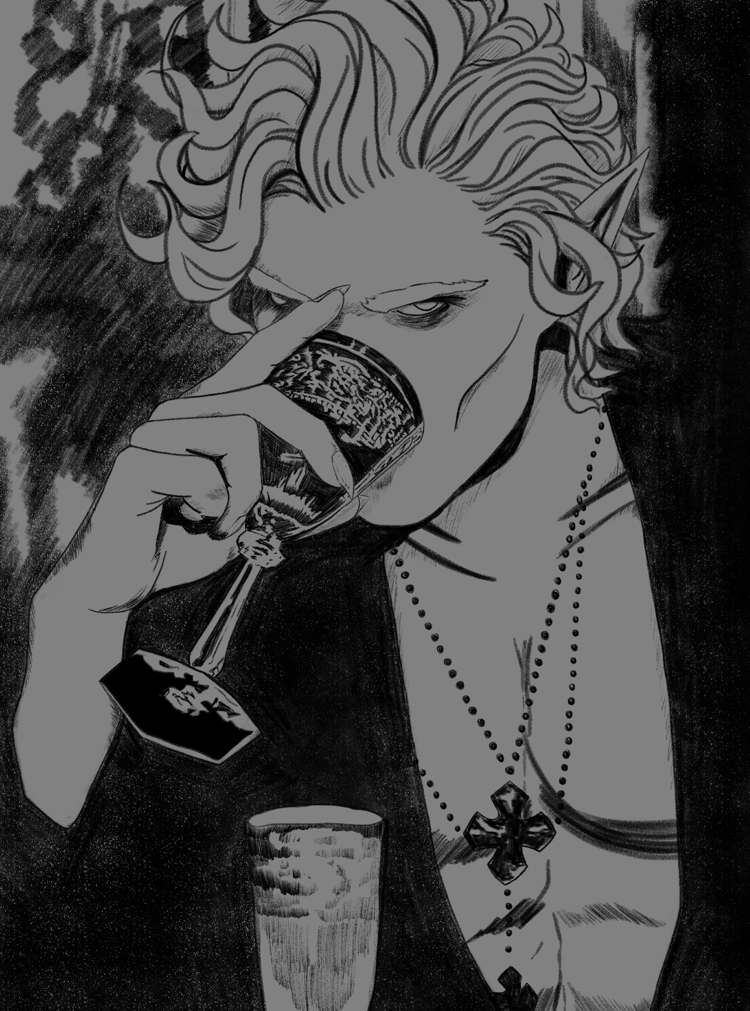 Black and white illustration of a woman with long wavy hair, wearing a necklace and large cross pendant, holding a glass of wine, with an intense expression and piercing eyes.