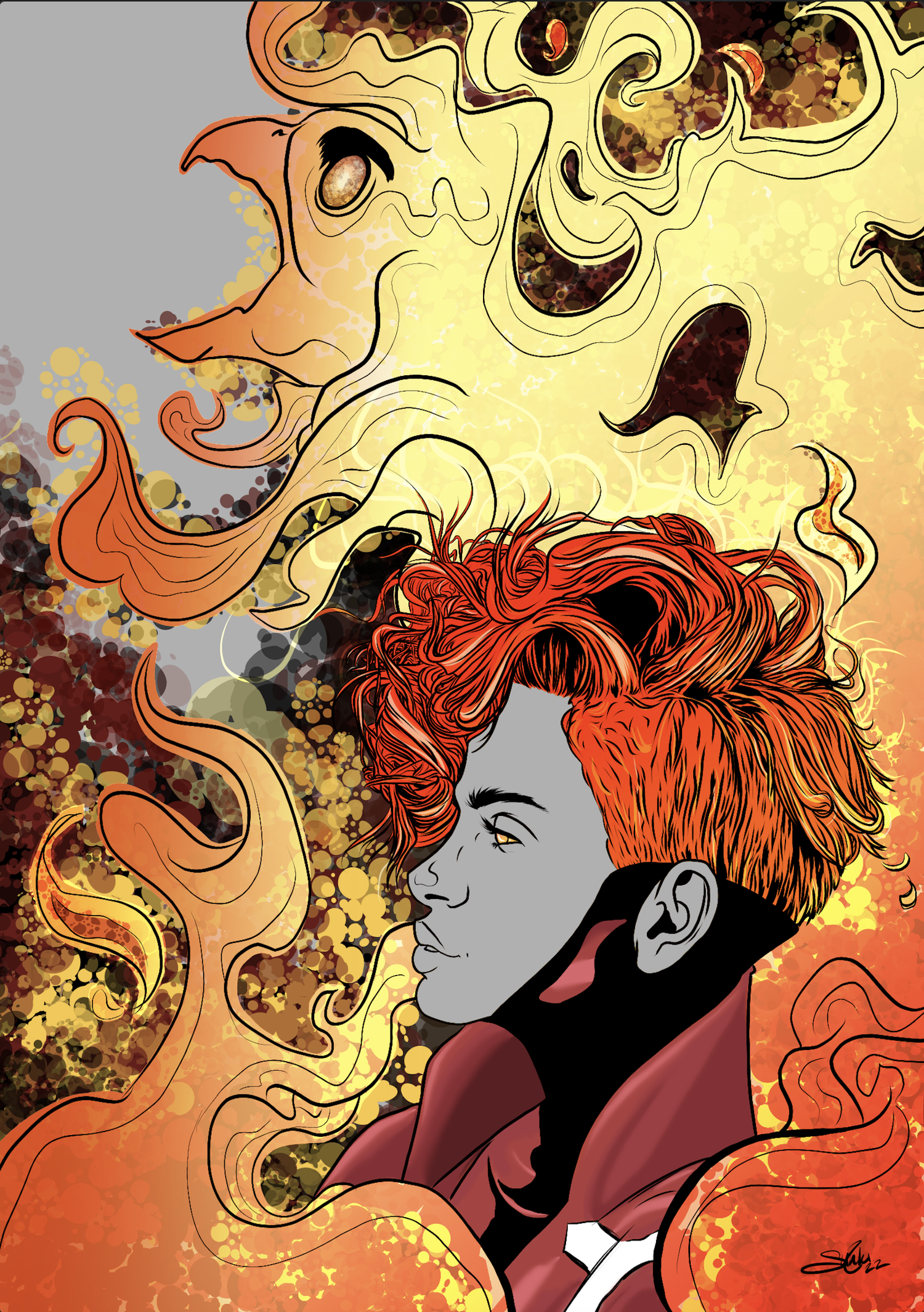 Digital artwork of a woman with bright orange hair, closed eyes, and a confident expression, surrounded by swirling yellow and orange smoke or flames against a colorful, abstract background.