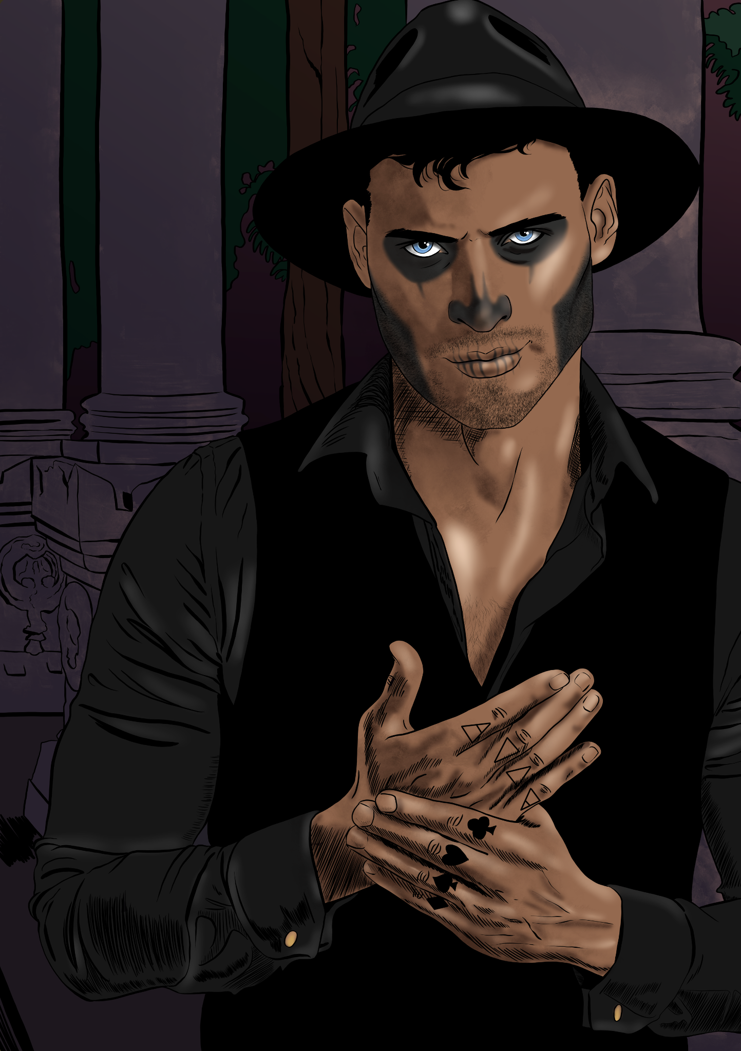 A man wearing a large black hat, with blue eyes and black makeup around his eyes and lips, dressed in a black shirt, standing against a dark background with ancient ruins and trees, with his hands crossed over his chest, showing tattoos on his finger